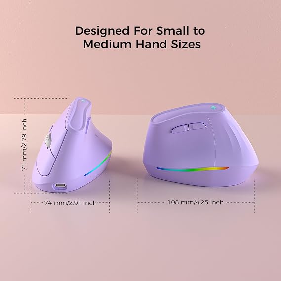 KYSONA 57 Wireless Ergonomic Mouse, Vertical Mouse, Carpal Tunnel Mouse, RGB Light, Rechargeable, Bluetooth & 2.4G, 5-level DPI Adjustment, Quiet Click Ergo Mice Compatible with PC/Laptop/Mac, Purple