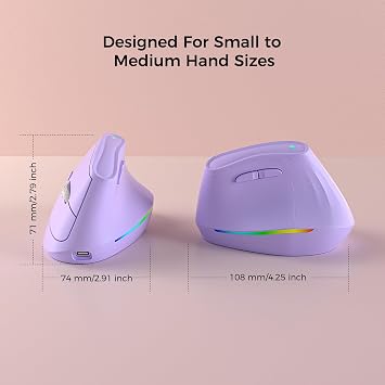 KYSONA 57 Wireless Ergonomic Mouse, Vertical Mouse, Carpal Tunnel Mouse, RGB Light, Rechargeable, Bluetooth & 2.4G, 5-level DPI Adjustment, Quiet Click Ergo Mice Compatible with PC/Laptop/Mac, Purple