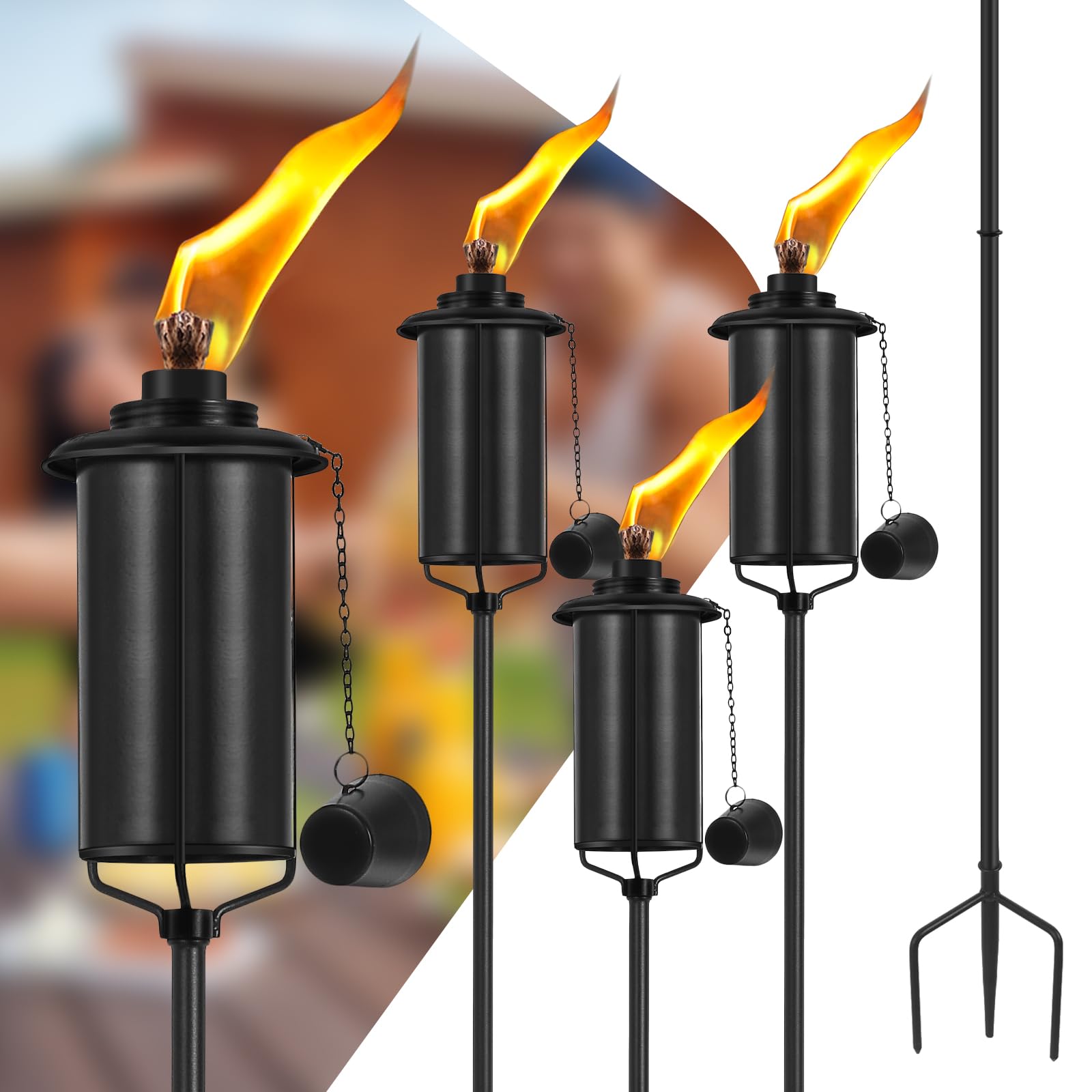 FAN-Torches Home Garden Torch Set of 4, 16oz Outdoor Metal Torch Garden Décor, 59-Inch Upgraded Citronella Torches with 3-Prong Grounded Stake, Metal Light Torches for Party Patio Pathway