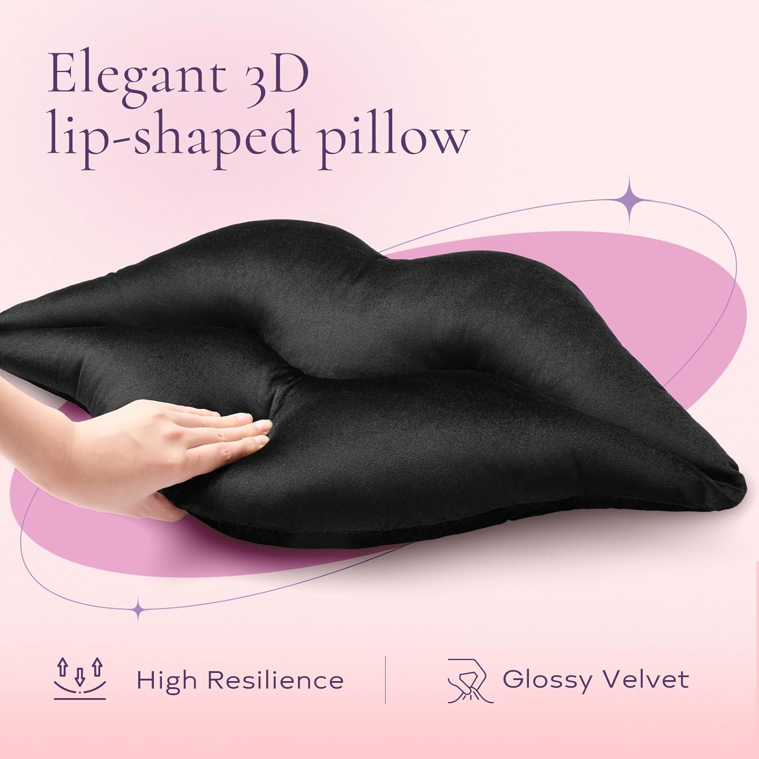 Ashler Upgraded Glossy Velvet Lip Shape Throw Pillow, Delicately Soft, Glossy Shimmering and Brilliant with Velvet Backing for Sofa, Bed and Living Room, Black, 24 X 12 Inches