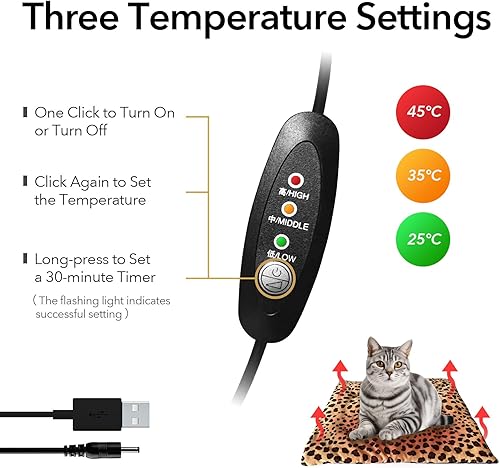 Miniatura 4 de Calentador de calefacción USB para gatos, perros pequeños y mascotas, batería segura 5V2A, funciona con batería, 3 ajustes de temperatura, lavable,