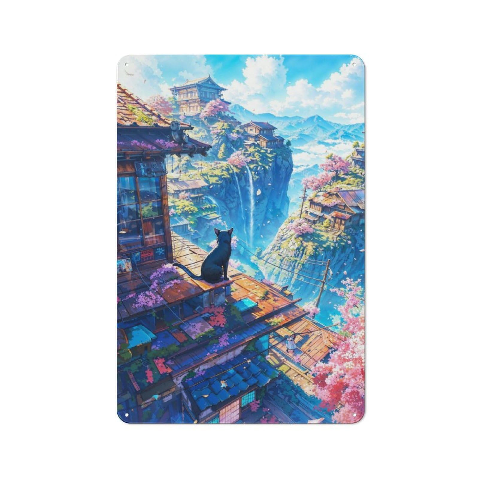 Junmoney Japan Mountain Village Cat Retro Metal Wall Sign 30X20cm Featuring For Hallway Wall, For Garage, Workshop And Man Cave Decoration