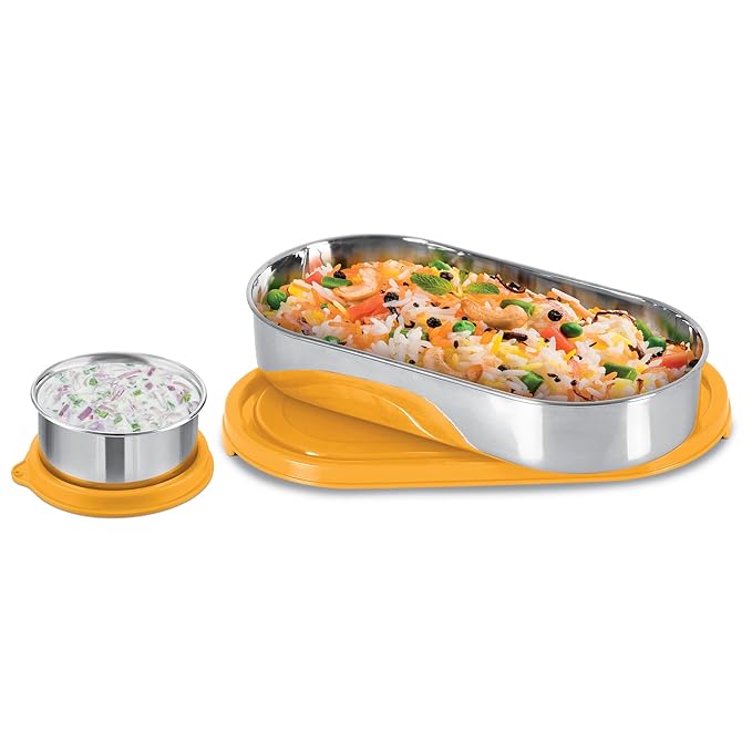 MILTON Steel Refresh Tiffin 650 Oval Steel Container with Lid 675ml with Round Tiffin Box 90ml, Lunch Box for Women, Lunch Box for Office Use, Tiffin Box for School, Yellow