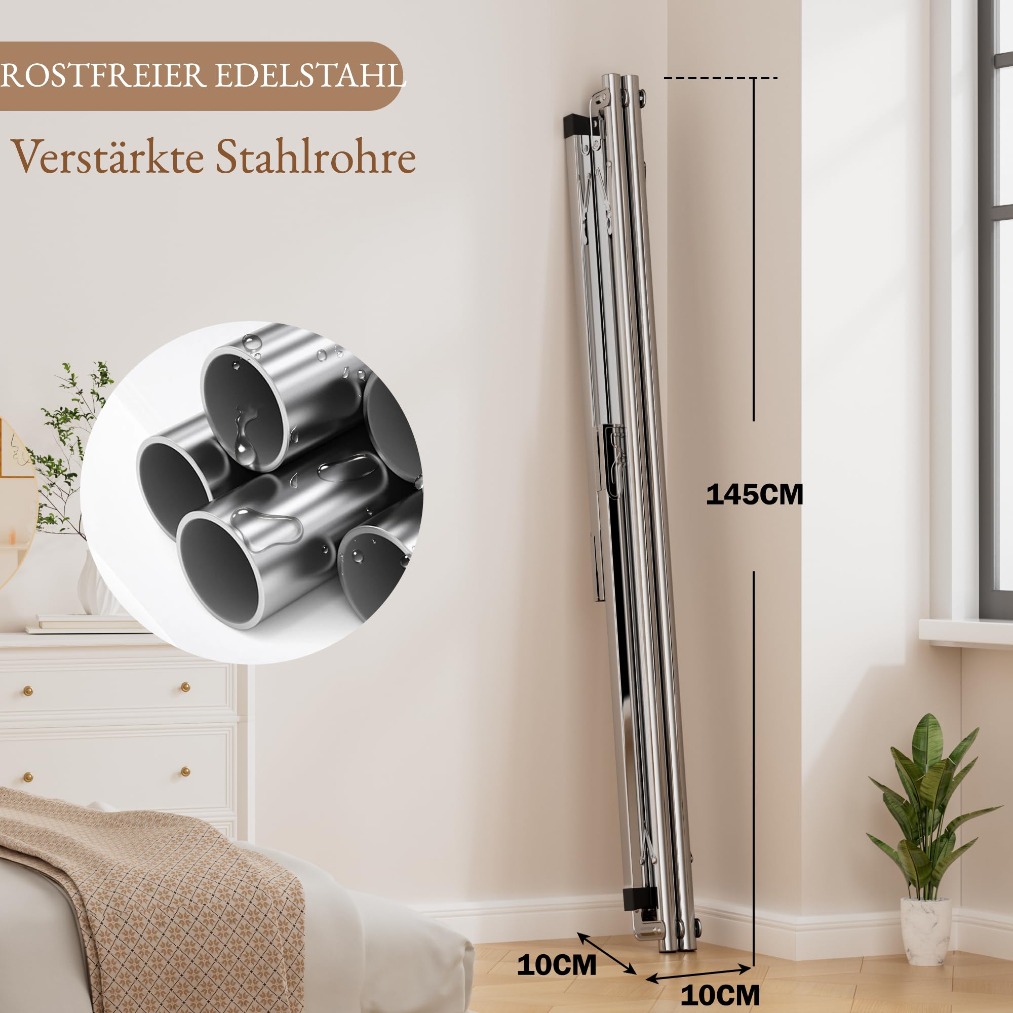 Wäscheständer aus Edelstahl klappbar, Wäschetrockner für Innen & Außen, verstellbar 140–240 cm, Jede Stange bis 60 kg belastbar, 40 Winddichte Kleiderhaken, großer Kleiderständer