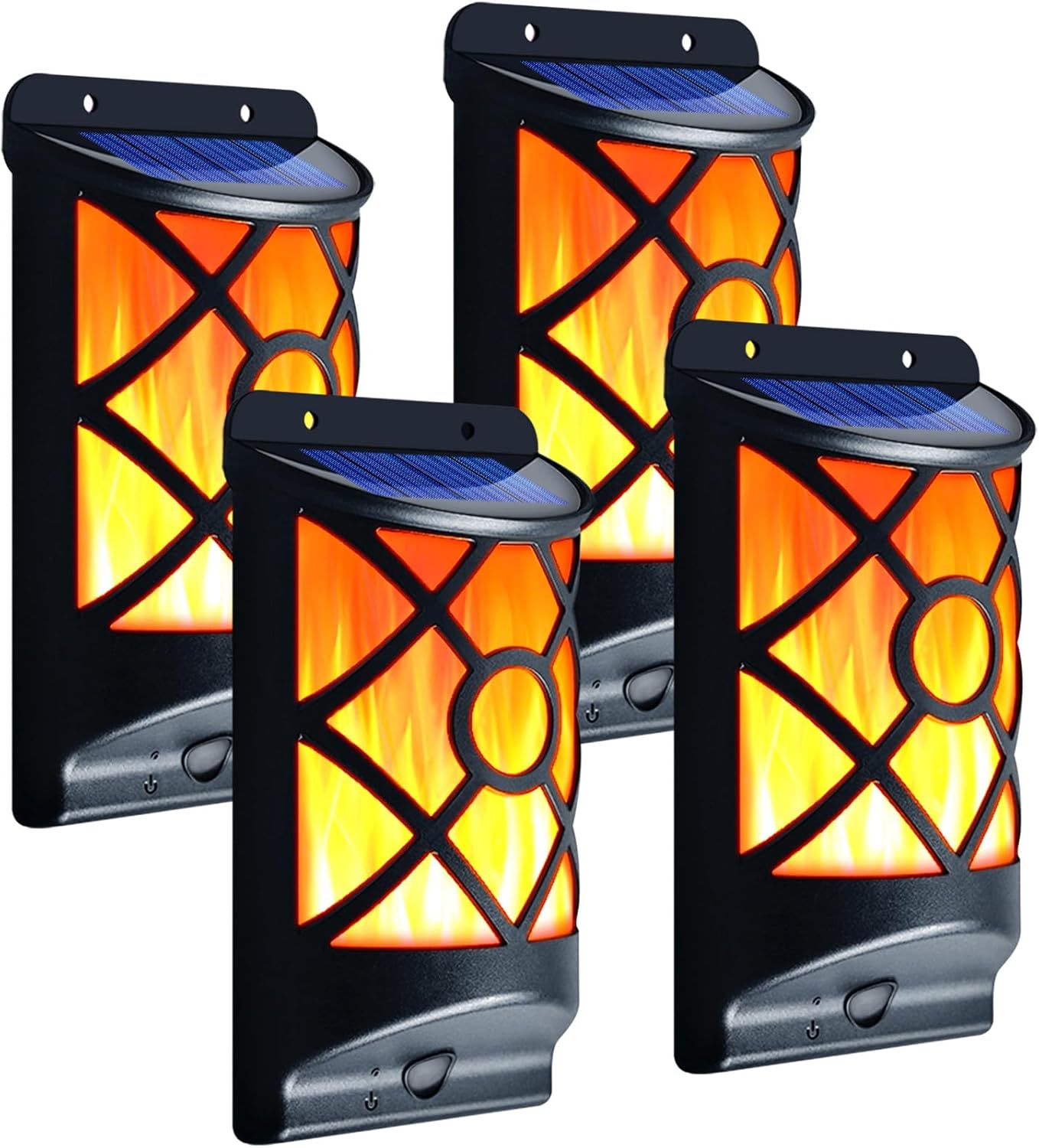 Solar Flame Lights Outdoor - Waterproof Wall Lanterns with Realistic 3D Flickering Flames, 66 Ultra Bright LED Fire Effect Light - Garden Decor for Patio, Fence, Deck - Auto On/Off (4 Pack)