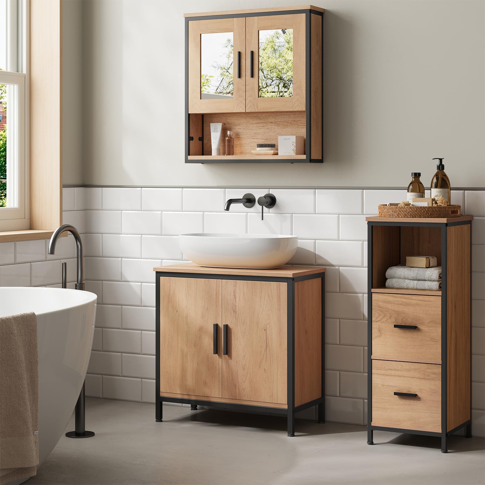 EUGAD Waschbeckenunterschrank 60x60x30 cm, Badezimmerschrank mit höhenverstellbarer Trennwand, Kleiner Schrank im Badezimmer, Badschrank aus Holzwerkstoff Metall, Schwarz
