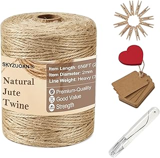 656 Feet Natural Jute Twine Kit 5-Pack, 2mm 3-Ply Premium Natural Fiber Sisal Hemp Jute Twine, Thin Rustic Craft String for Gift Wrapping, Gardening, DIY and Home Decor. Included Cutter, Clips & Tags