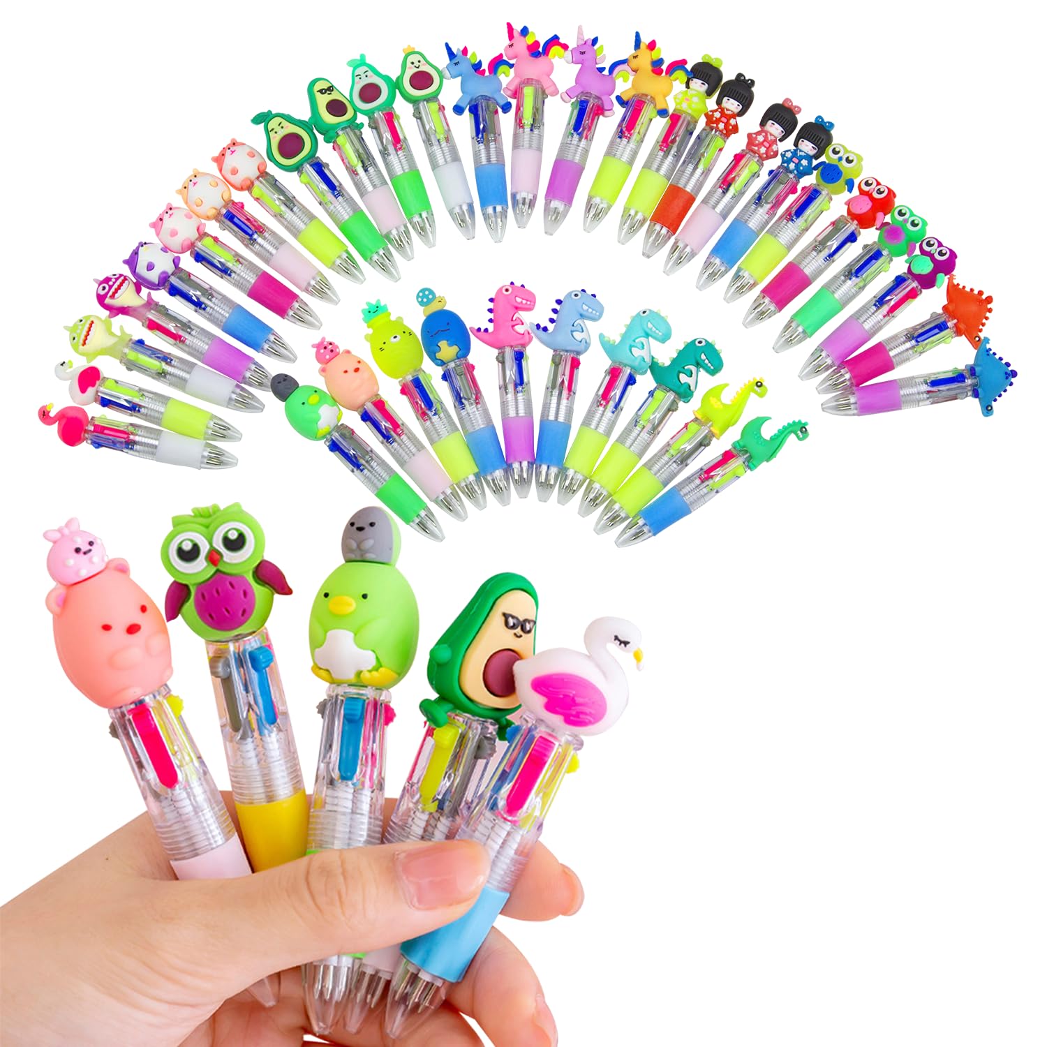 Yolistar Set de 36 Bolígrafos Retráctiles 4 en 1 de Animales de Colores - Detalles para Cumpleaños, Colegio y Fiestas Infantiles