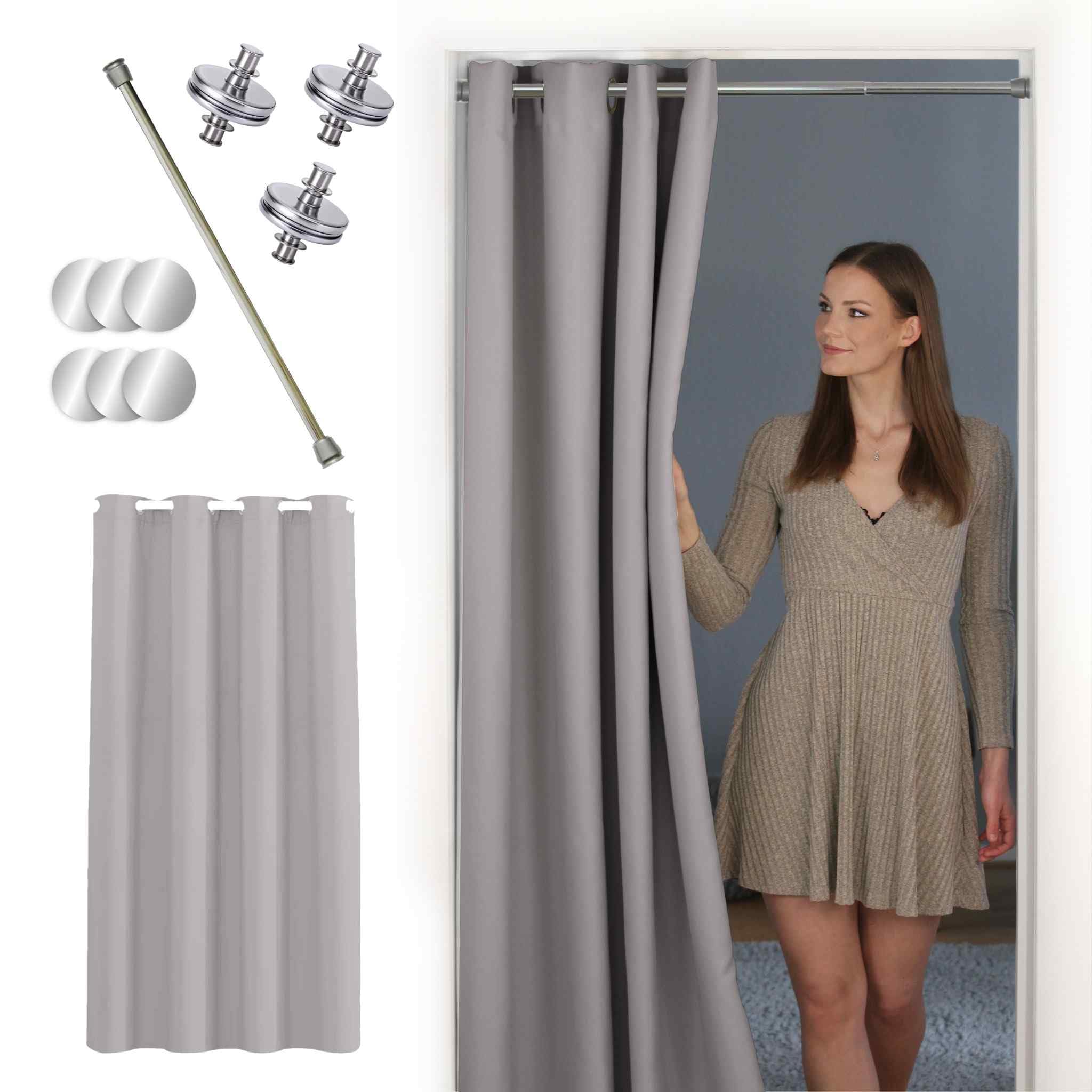 tinycurtains Türvorhang mit Vorhangstange & Magneten zum Abdichten, einfache Montage in nur 1 Minute ohne Bohren mit Silber Stange + 6 Magnete