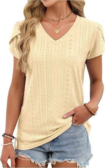 Womens Short Sleeve Shirt Summer Loose Tops Solid Blouses V Neck Casual Outfits Dressy Tees Eyelet Pullover