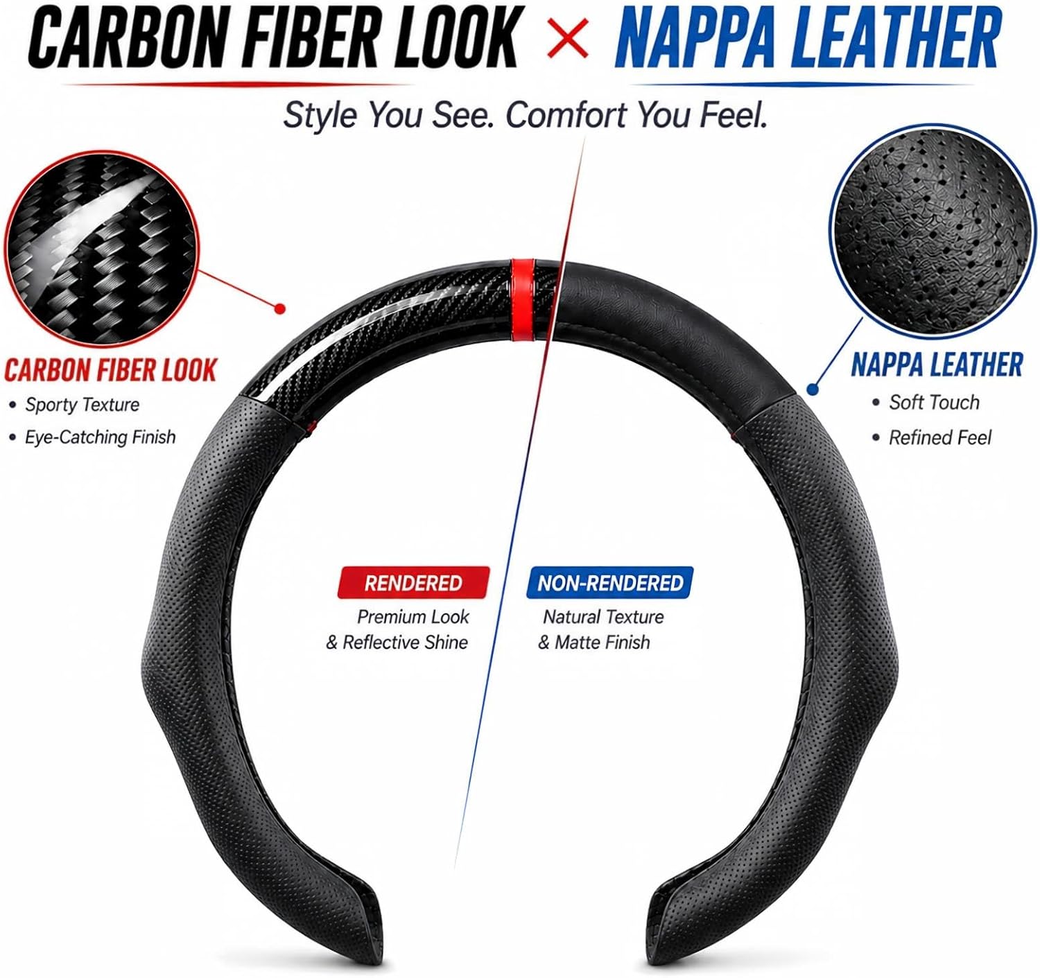 SEAMETAL Steering Wheel Cover, 15 Inch Carbon Fiber & Nappa Leather image 3