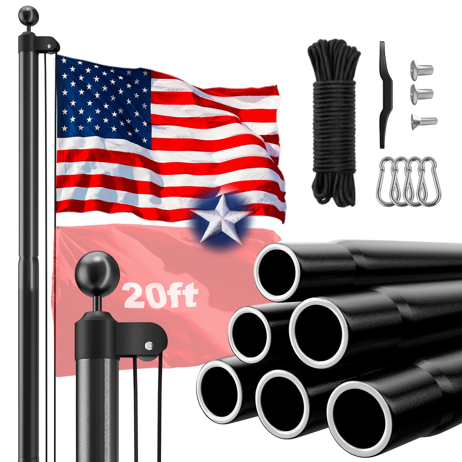 HAYOHRT Heavy Duty Flag Pole with 3x5 American Flag 20 FT 12 Gauge Extra Thick Black Flagpole Kit for Yard Outdoor Commercial Residential Outside House In Ground 100MPH Wind Tested