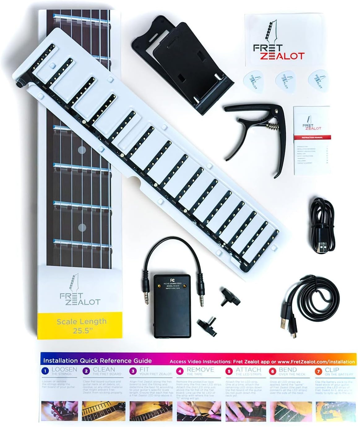 Fret Zealot LED Guitar Learning Accessory - Easiest and Best Method to Learn to Play a Guitar for All Levels, Best Fit for 25.5" Scale Length Guitars, iOS & Android App Included