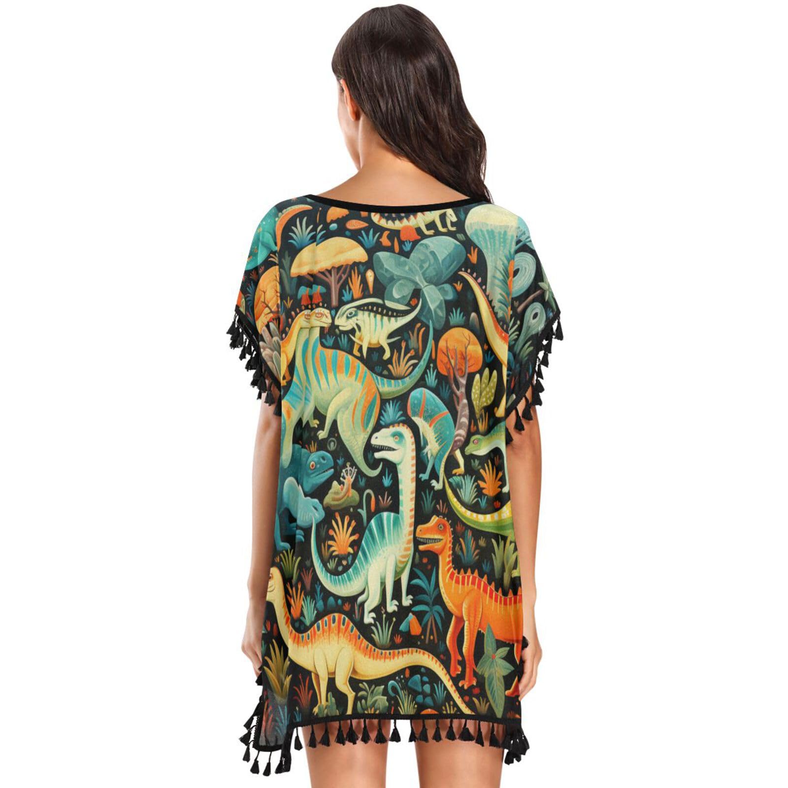 Abstract Art Colorful Dinosaurs Women's Beach Cover Up Chiffon Tassel Swimwear Swimsuit Coverups for Girl