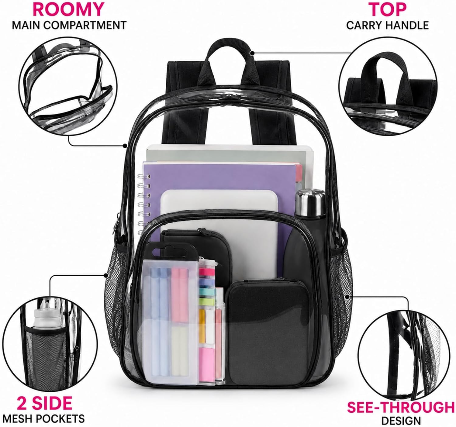 3 Pcs Clear Backpack bulk for Stadium Events Heavy Duty PVC Transparent Bookbag for College Workplace Security (15 Inches,Black) thumbnail