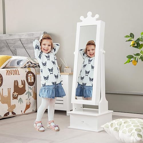 Miniatura 8 de GOFLAME Armario de joyería para niños, armario de joyería para niños con espejo de longitud completa y cajones de almacenamiento, organizador de