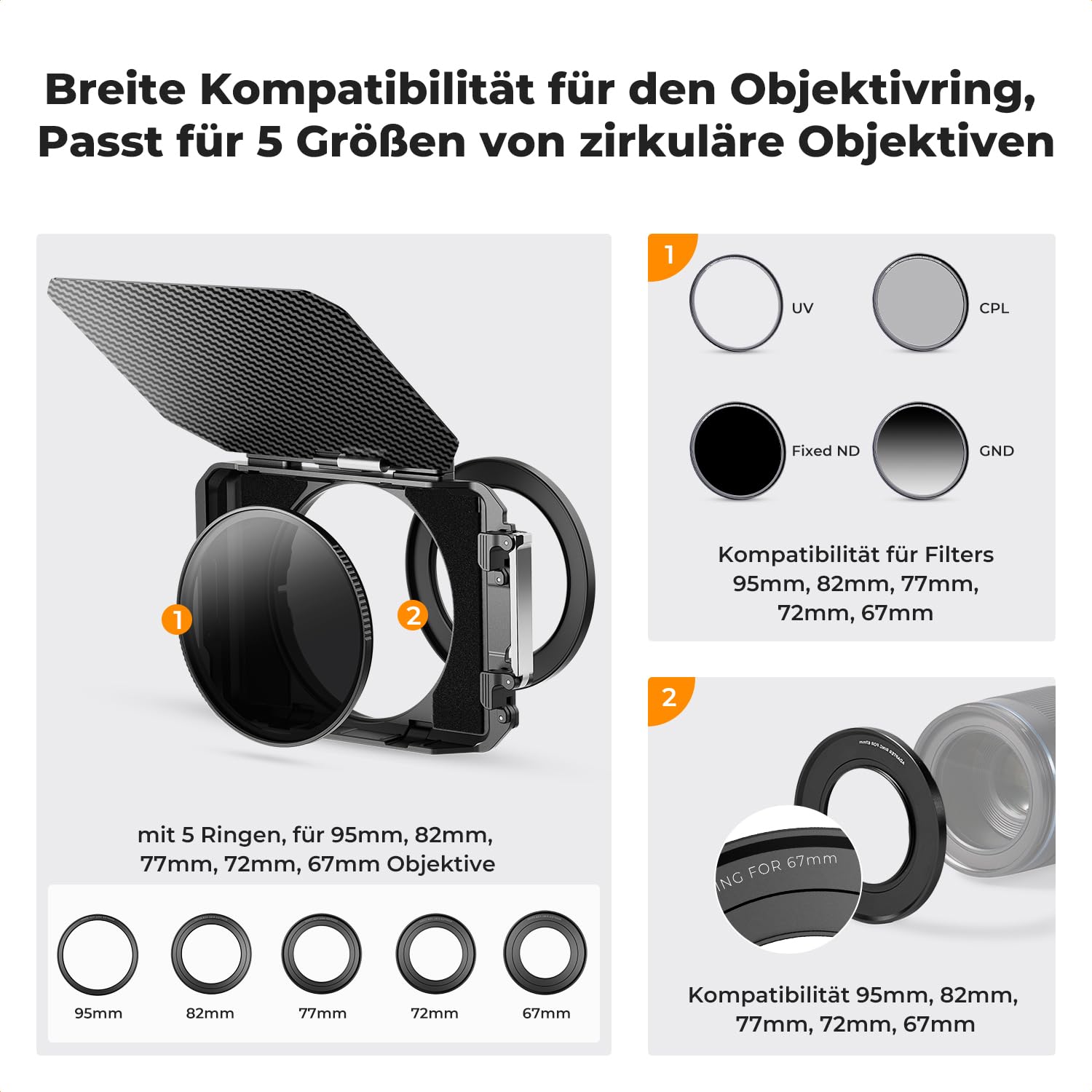 K&F Concept Matte Box Lite mit Kohlefaser Top Flag für DSLR & Spiegellose Kameras, Kompatibel mit 67mm/72mm/77mm/82mm/95mm Objektiven