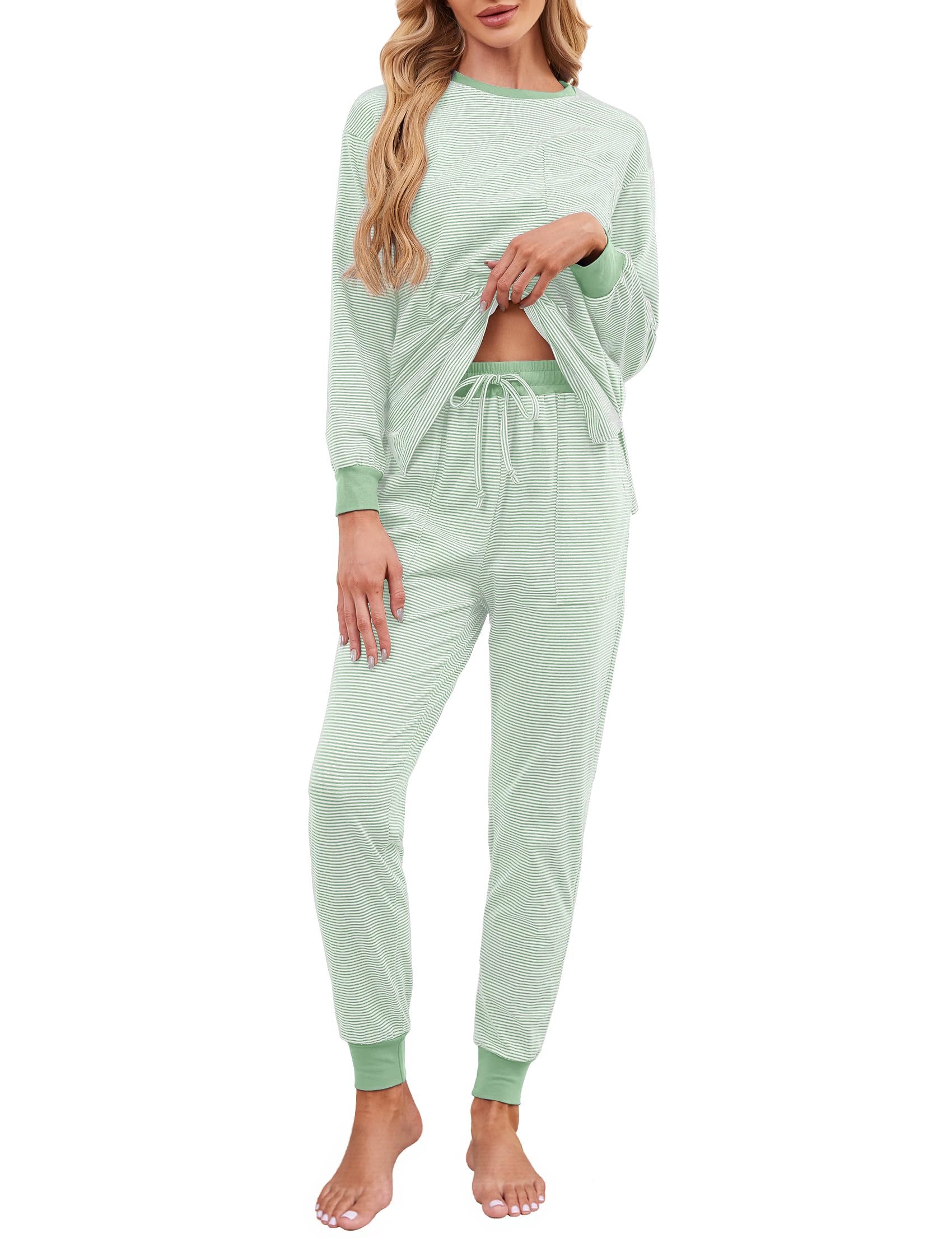 Soft Cotton Pajamas for Women Set Striped Long Sleeve Lounge Sets 2 Piece Pajama Tops and Jogger Pants
