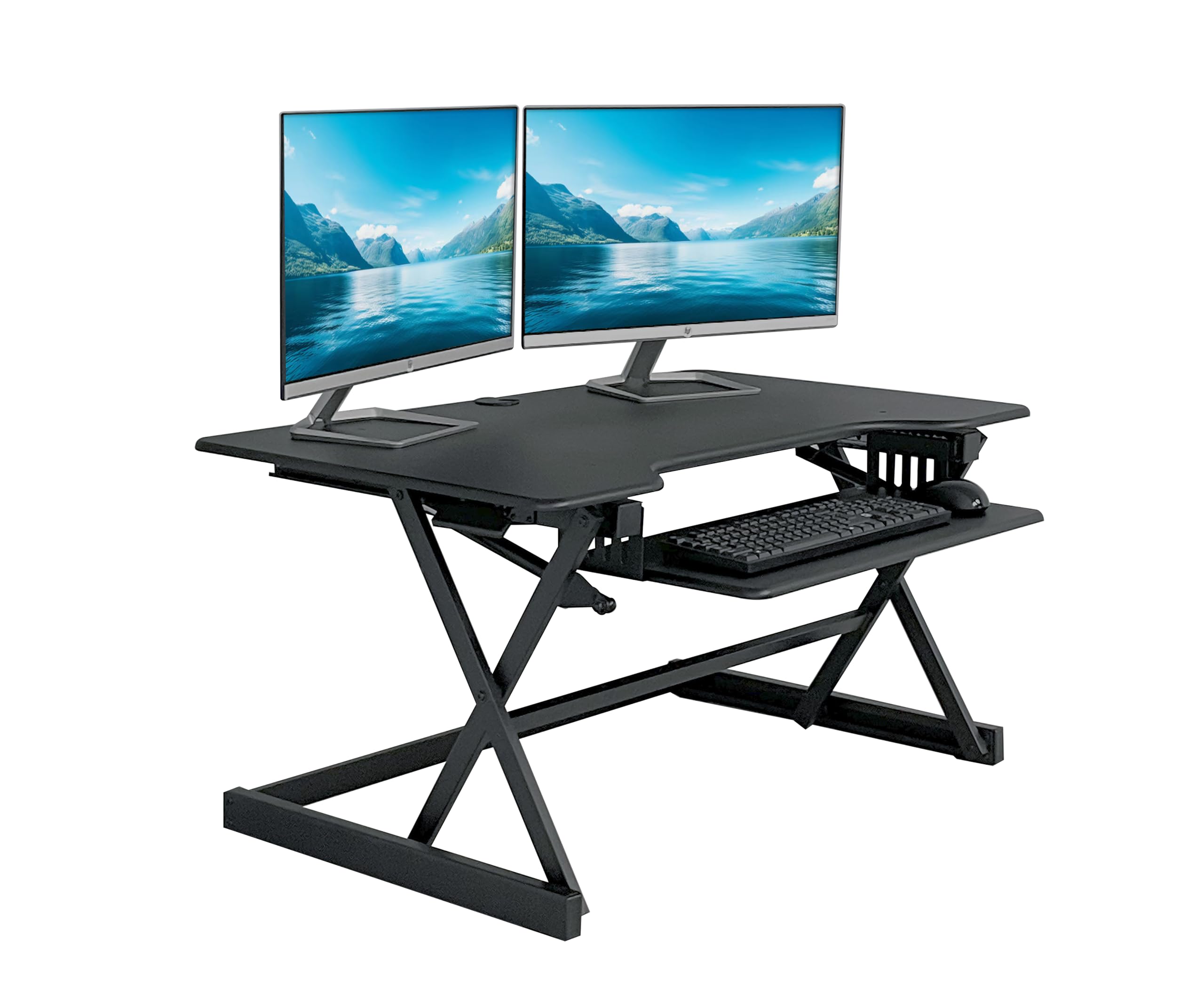 Rocelco 40" Height Adjustable Standing Desk Converter with AC Outlet and USB Charger - Gas Spring Sit Stand Up Dual Monitor Tabletop Riser Workstation - Large Keyboard Tray - Black (R DADRB-40-ACUSB)