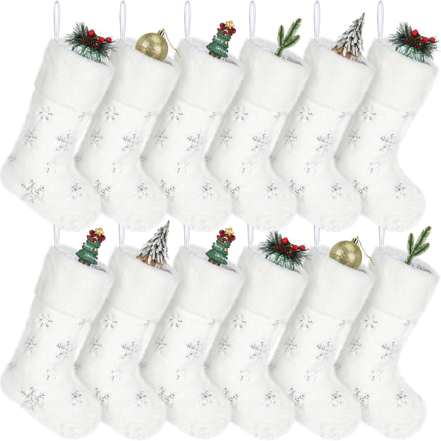 12 Pcs Faux Fur Christmas Stockings 18'' Large Xmas Snowflake Plush Hanging Stocking Glitter Sequin Embroidered Christmas Stockings for Family Fireplace Party Decoration(Beige and Silver)