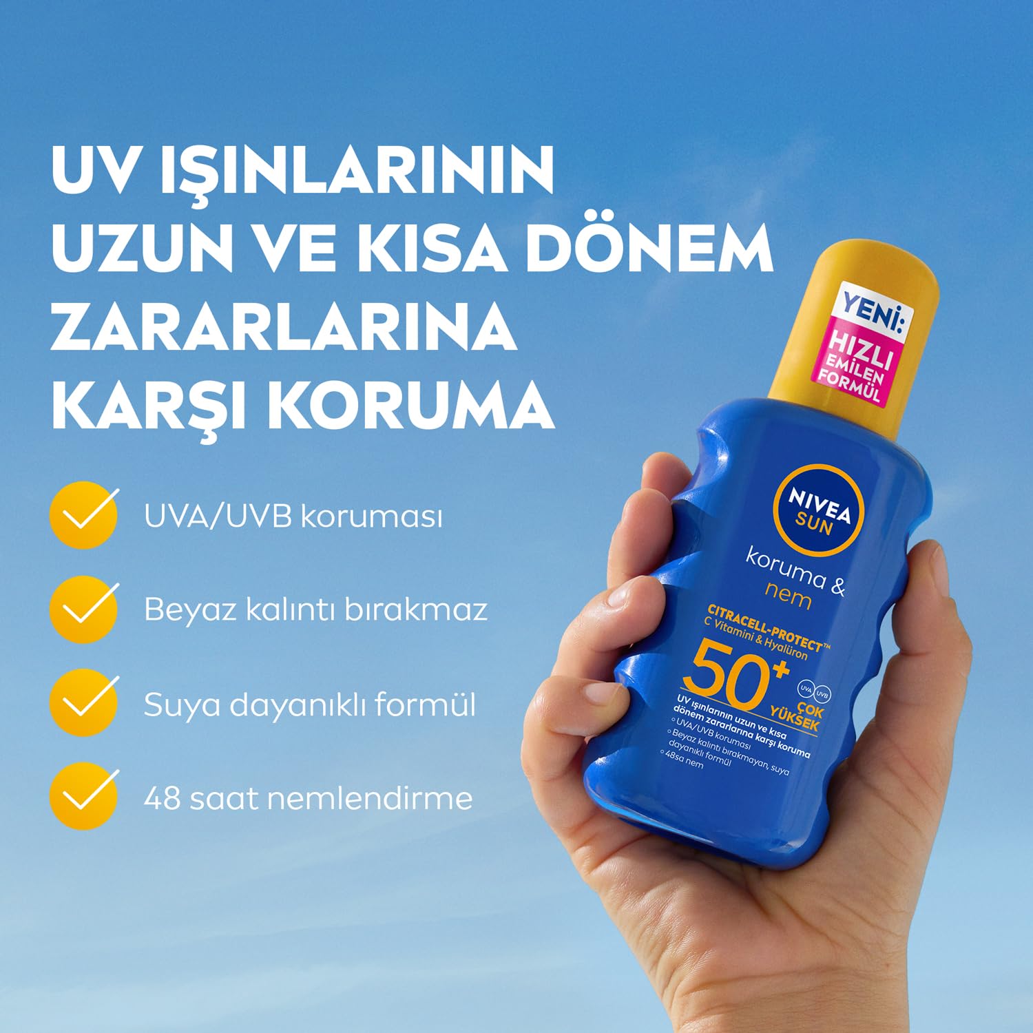 NIVEA SUN SPF50+Yüksek Güneş Koruyucu 200 ml,Suya Dayanıklı,Nemlendirici,C Vitamini,Hyalüron