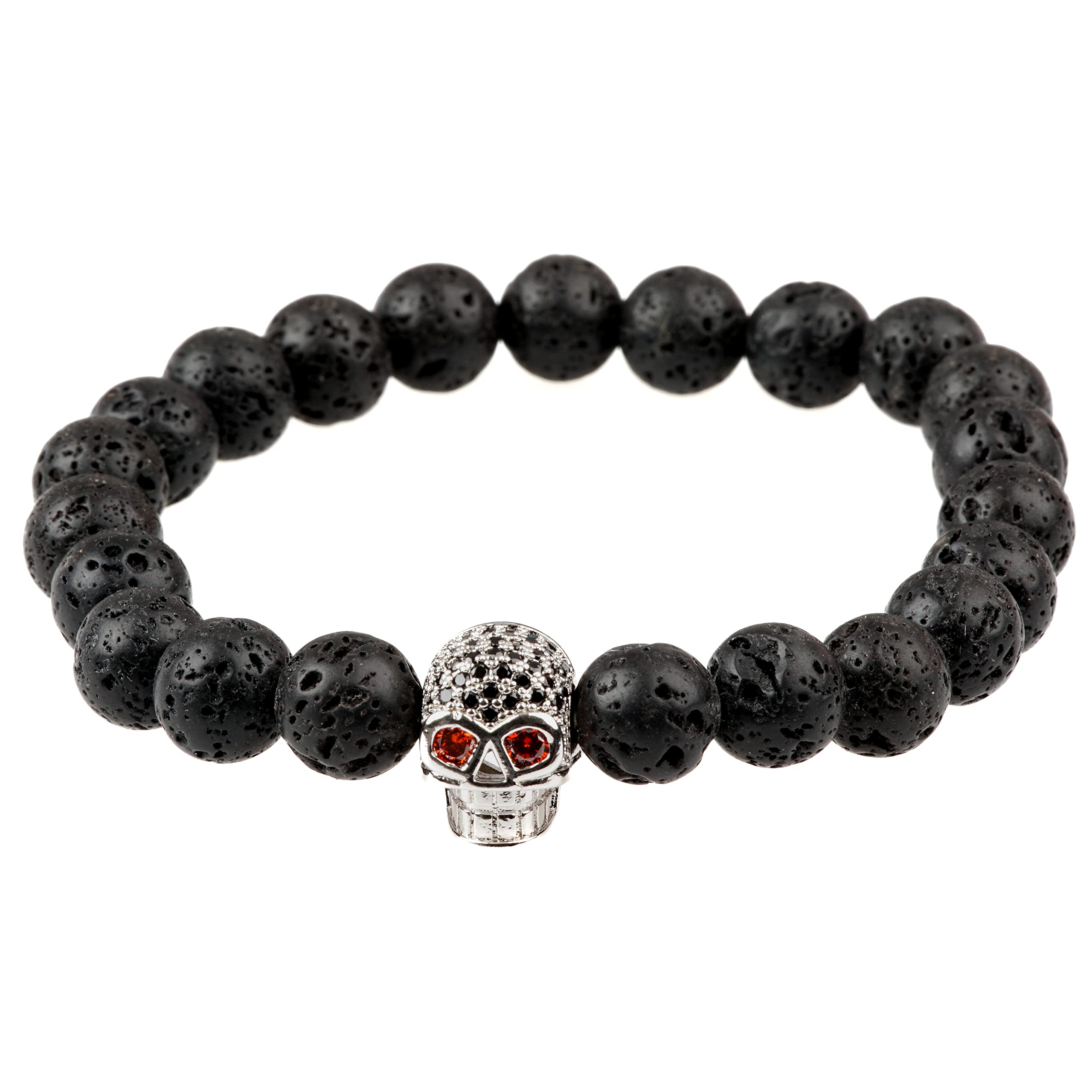 THE MEN THINGLAVA SKULL SILVER TONE - Beads Bracelet with Natural Volcanic Stone - 7inch Stretch Bracelet