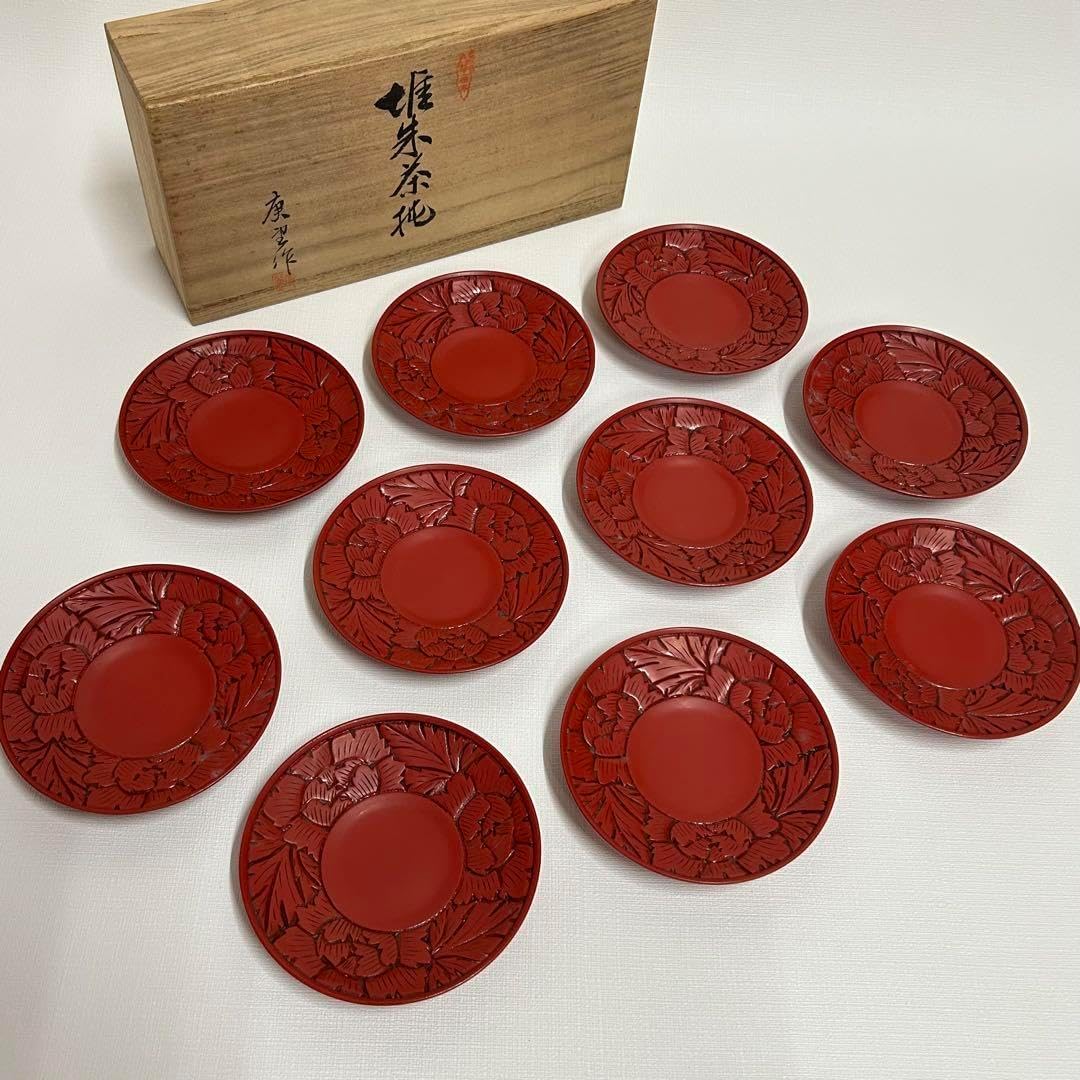 村上木彫堆朱 村上堆朱 工芸 牡丹唐草 茶托 茶道具 漆器 10客揃