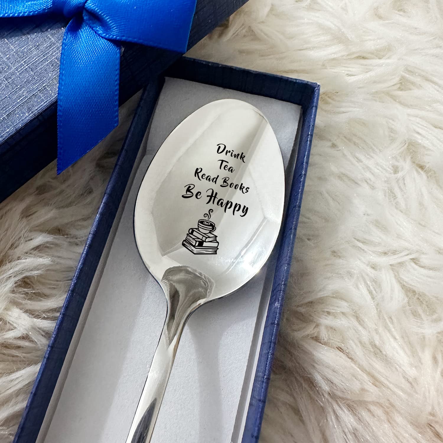 Cuchara de acero inoxidable grabada con texto en inglés «Drink Tea Read Books Be Happy», regalo para lectores, amantes de los libros, hija, hijo, amigos, compañeros de trabajo, mujeres y
