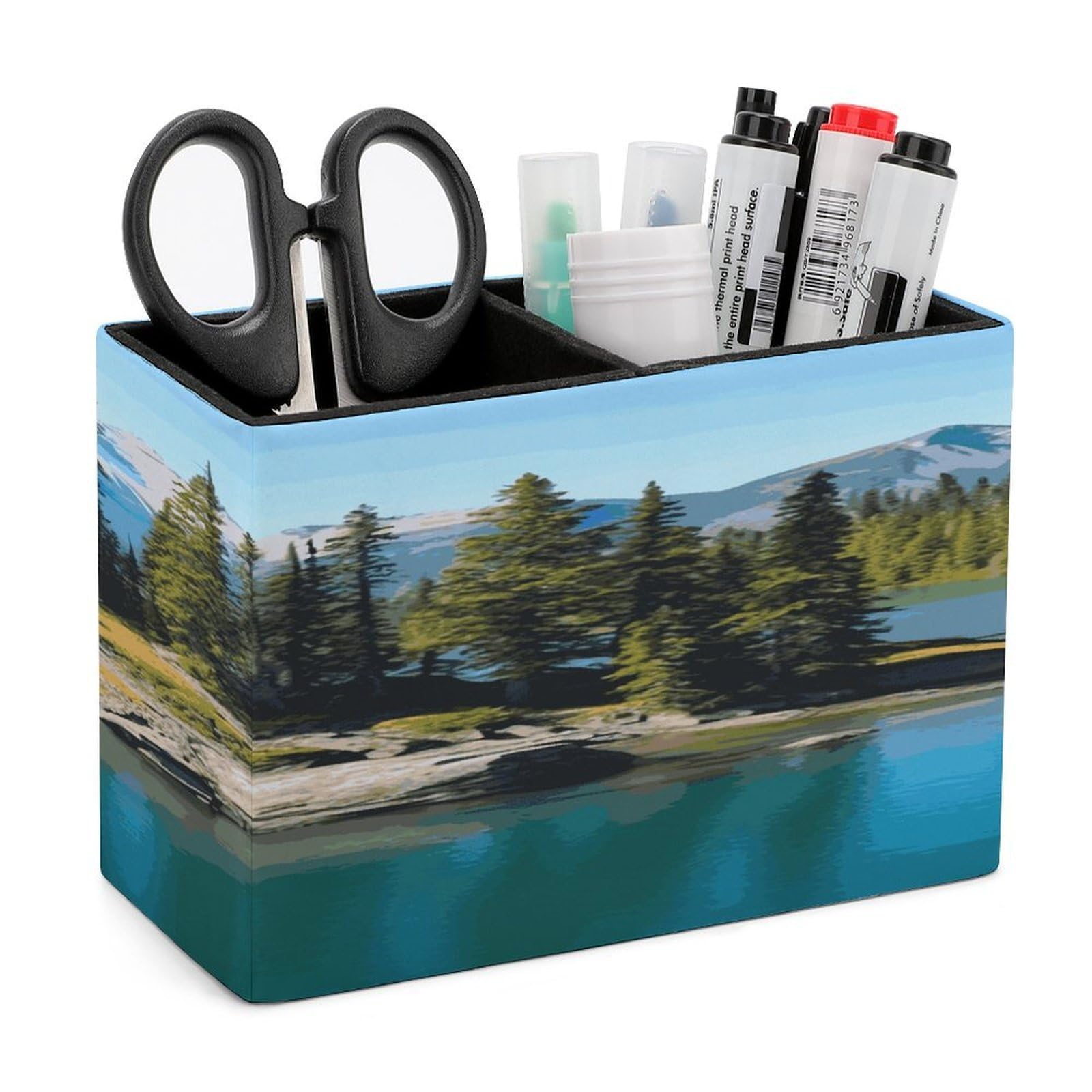 LDGSUPH Spirit Island in Lake Leather Pen Holder for Desk Organizer Caddy Large Pencil Cup Multi-function Pencil Holder Makeup Brush Holders Pen Organizer for Home Office Storage Box