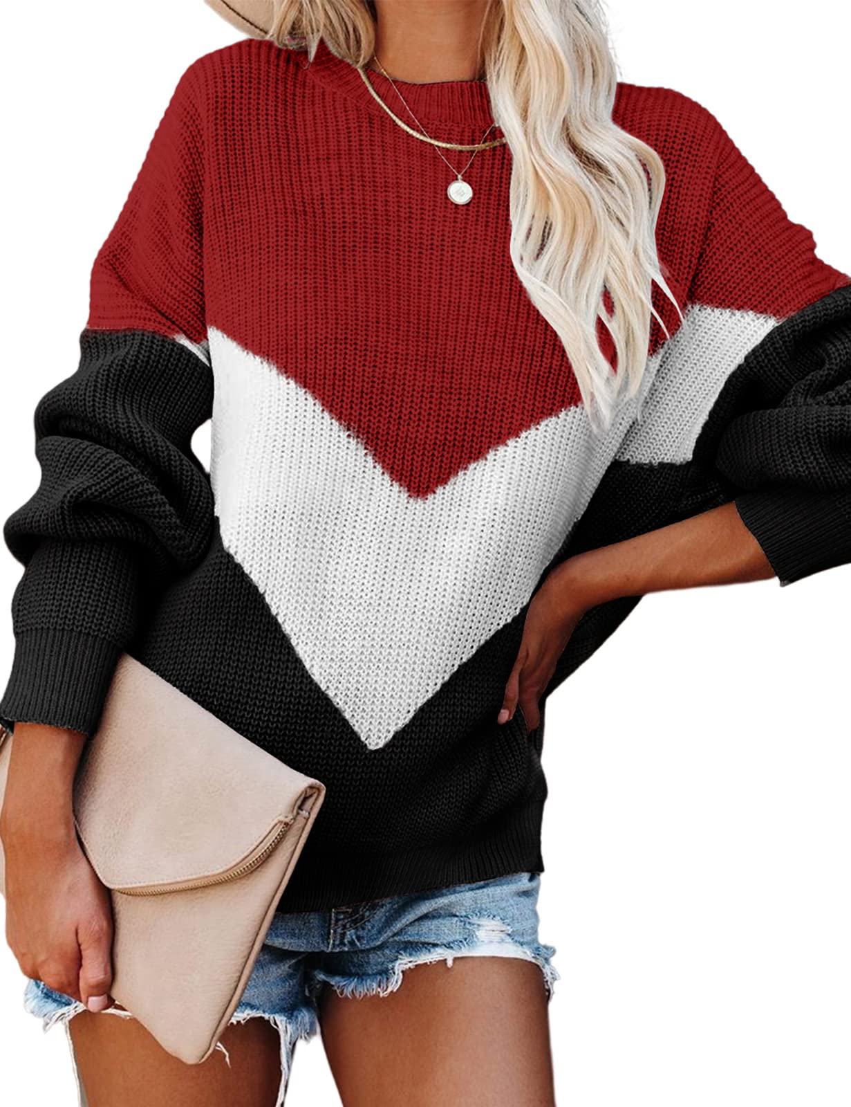 Xnova Maglione a Righe Donna Invernale, Casual Allentato Pullover Lavorato a Maglia Patchwork Maniche Lunghe, Elegante Caldo Jumper con Collo Rotondo Felpa Top Morbido Termica