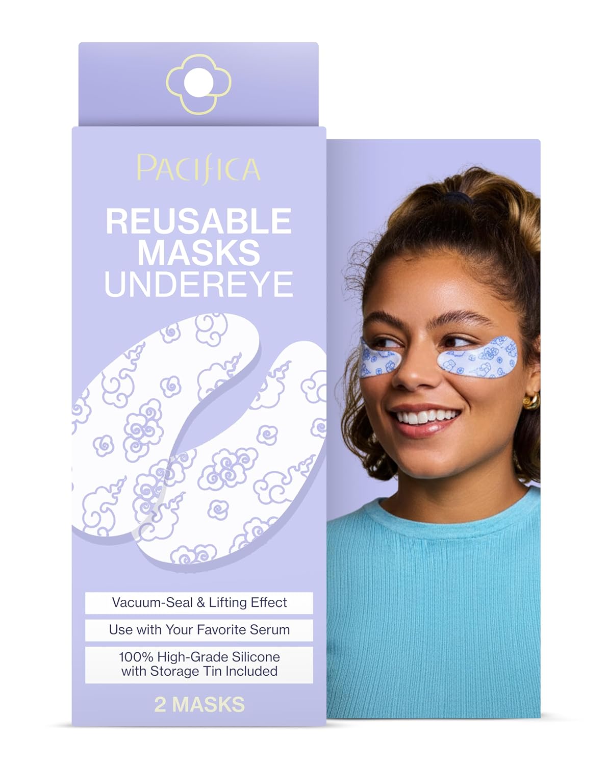 Pacifica Reusable Mask – Under Eye Mask Silicone Face Mask for Fine Lines & Dark Circles, Pair with Serum, Storage Tin Included, Vegan & Cruelty-Free, 2 Pieces