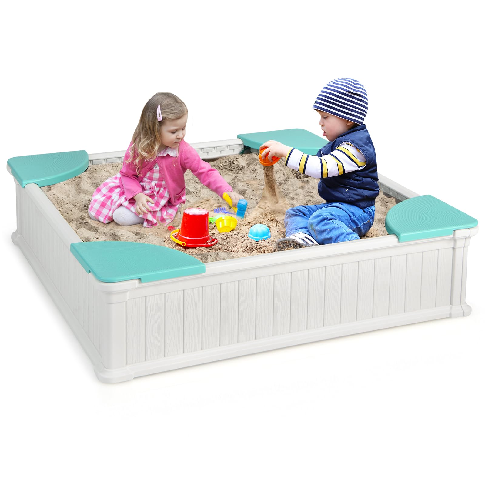 KOTEK Kids Sandbox with Cover, 48x48 Inch HDPE Sand Pit, Wood Grain, 4 Corner Seats, Oxford Cover & Bottom Liner, All Weather Resistant Sand Box for Backyard Lawn Garden Beach (White)