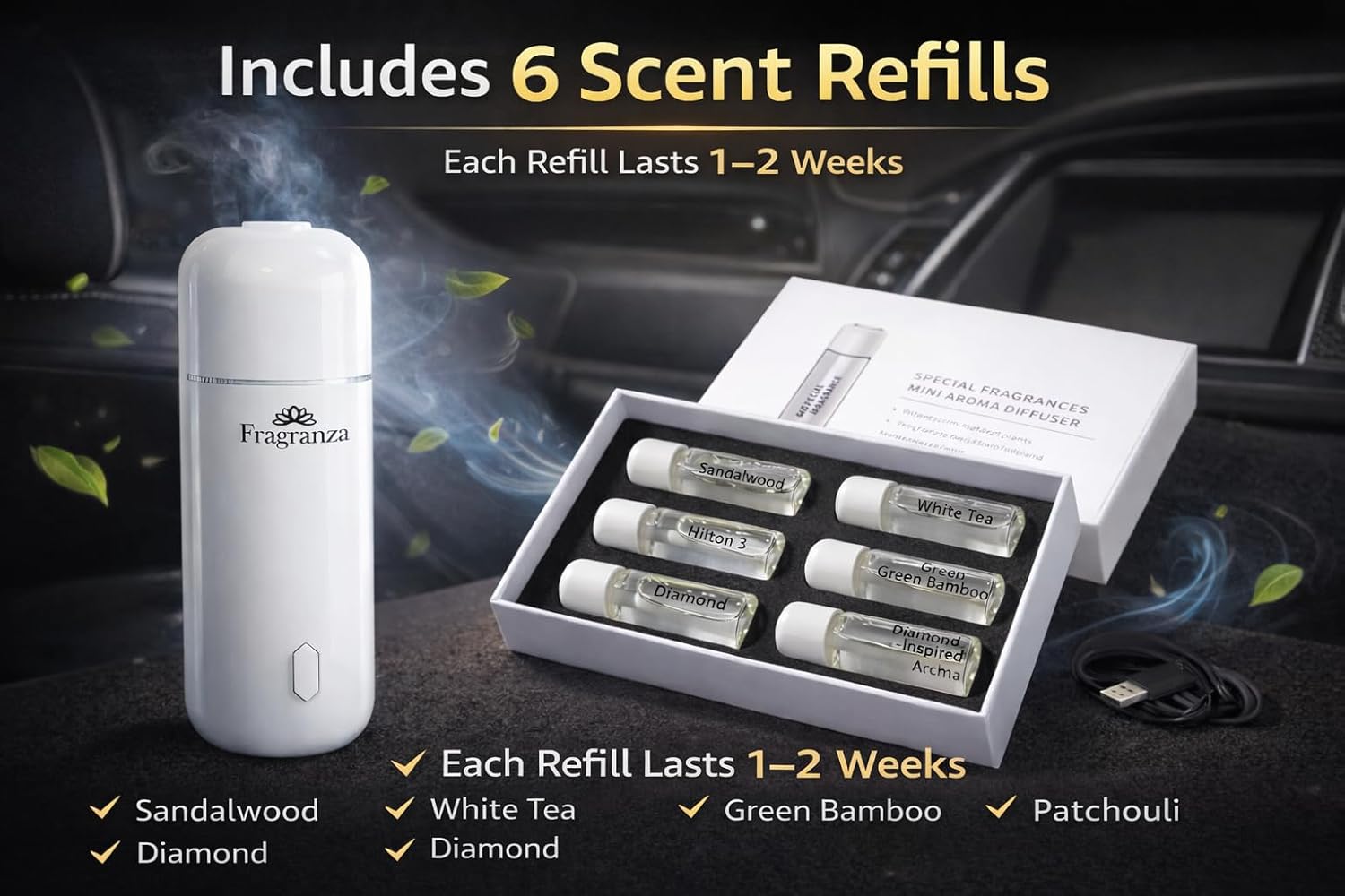 Car Scent Diffuser for Vehicle, Aromatherapy Essential Oil Diffuser, Compact Auto Air Freshener (White) – USB Powered, Easy Install, Includes 6 Scent Refills, Long-Lasting Car Fragrance