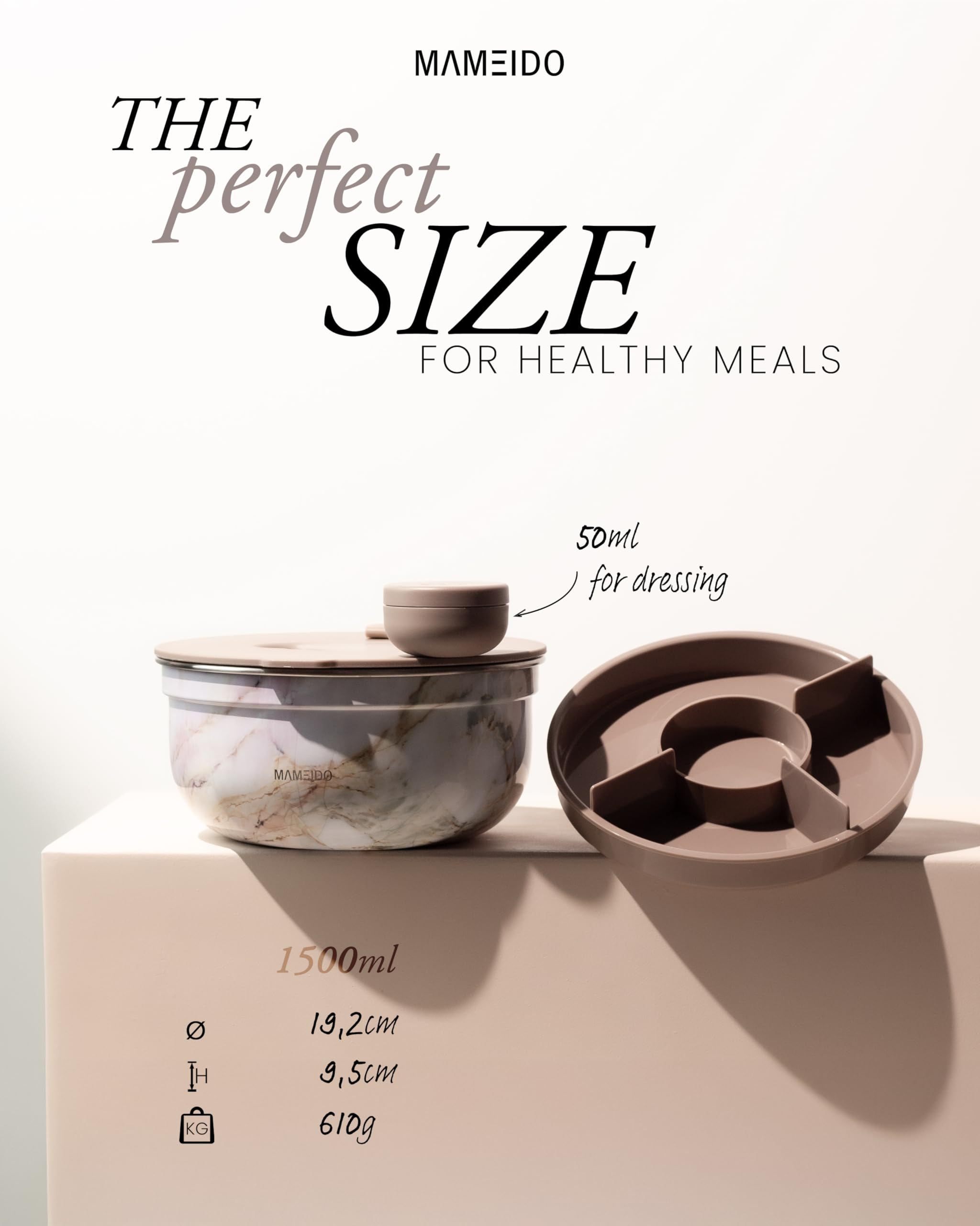 MAMEIDO Insalatiera per il viaggio 1,5 l, Lunchbox in acciaio inox, Bento Box senza BPA Porta Pranzo con scomparti e contenitore per condimenti a prova di perdite Meal Prep (Blush Kissed)