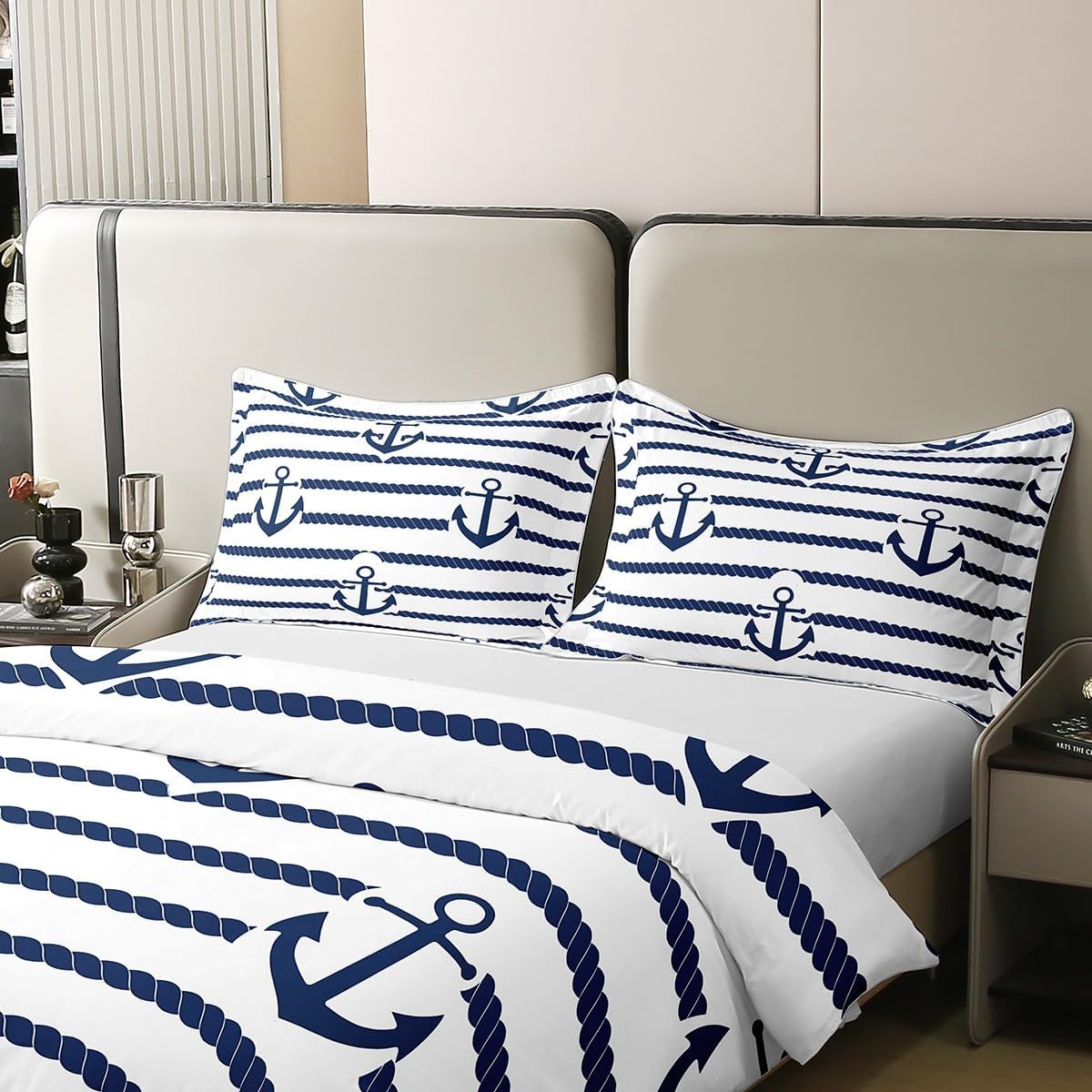 Castle Fairy Boys Anchor Duvet Cover Set 100% Natural Cotton Twin Size Nautical Anchor Ropes Super Soft Bedding Set 2 PCS Geometric Stripes Cotton Solid Comforter Cover for Bedroom Decor