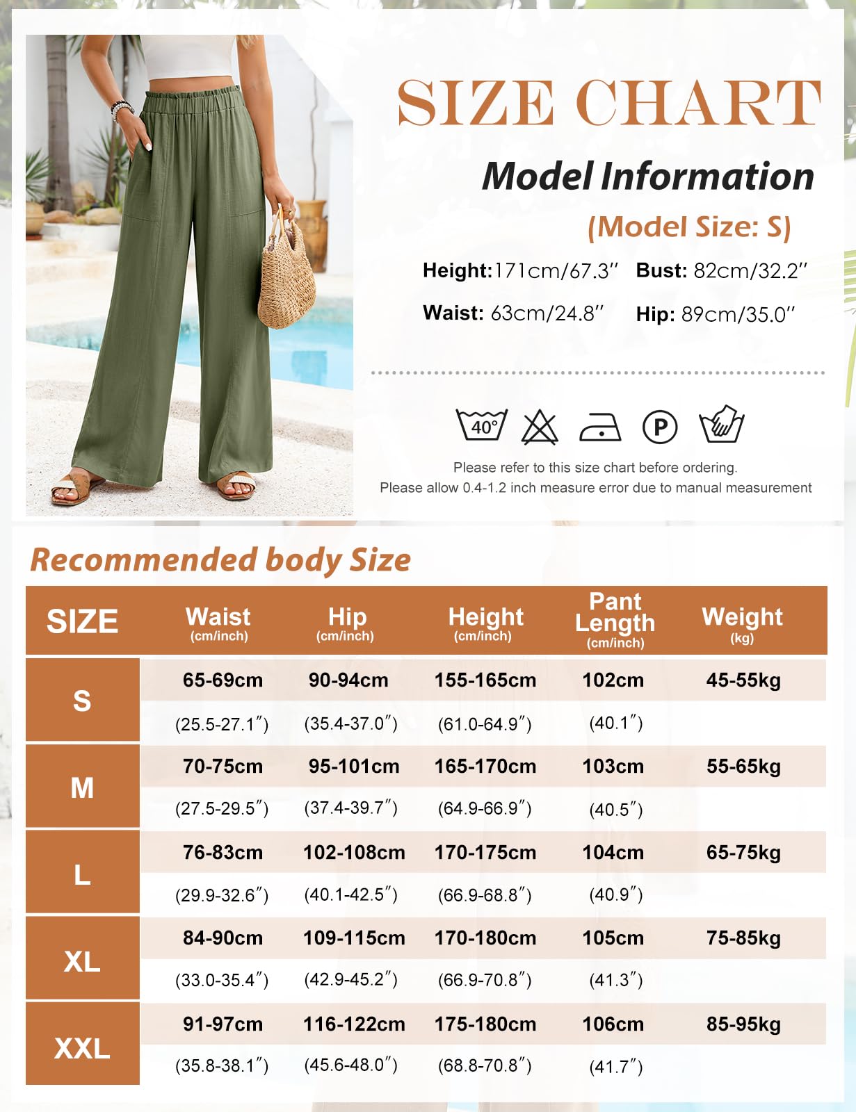 Pantalones Mujer Verano de Lino Anchos Pantalones Casuales Fluido Largo Pantalones Cintura Alta Elástico con Bolsillos Pantalón Comodo Ligeros Verano Frescos
