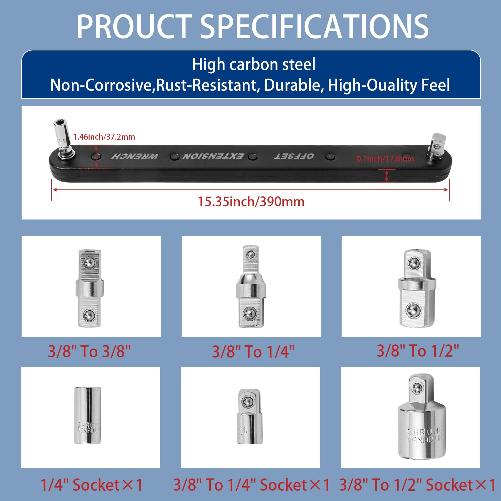 Offset-Verlängerungsschlüssel 39,1 Cm – Mit 1/4", 3/8", 1/2" Adaptern, Für Enge Räume, Karbonstahl