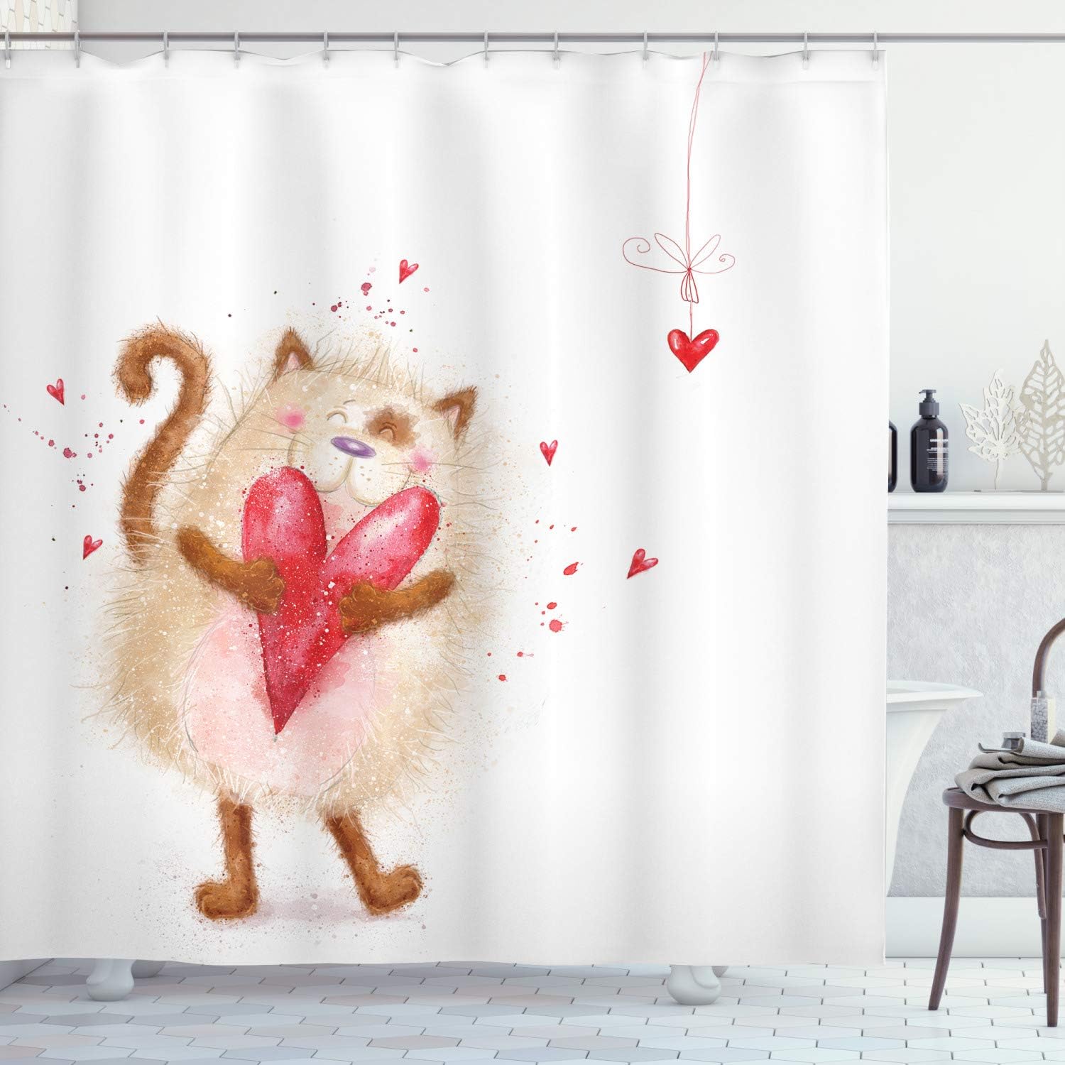 Ambesonne Love Shower Curtain, Love Cat with Heart in Love Valentines Day Honeymoon Smile Joyful Cheering, Cloth Fabric Bathroom Decor Set with Hooks, 69" W x 70" L, Brown Cream