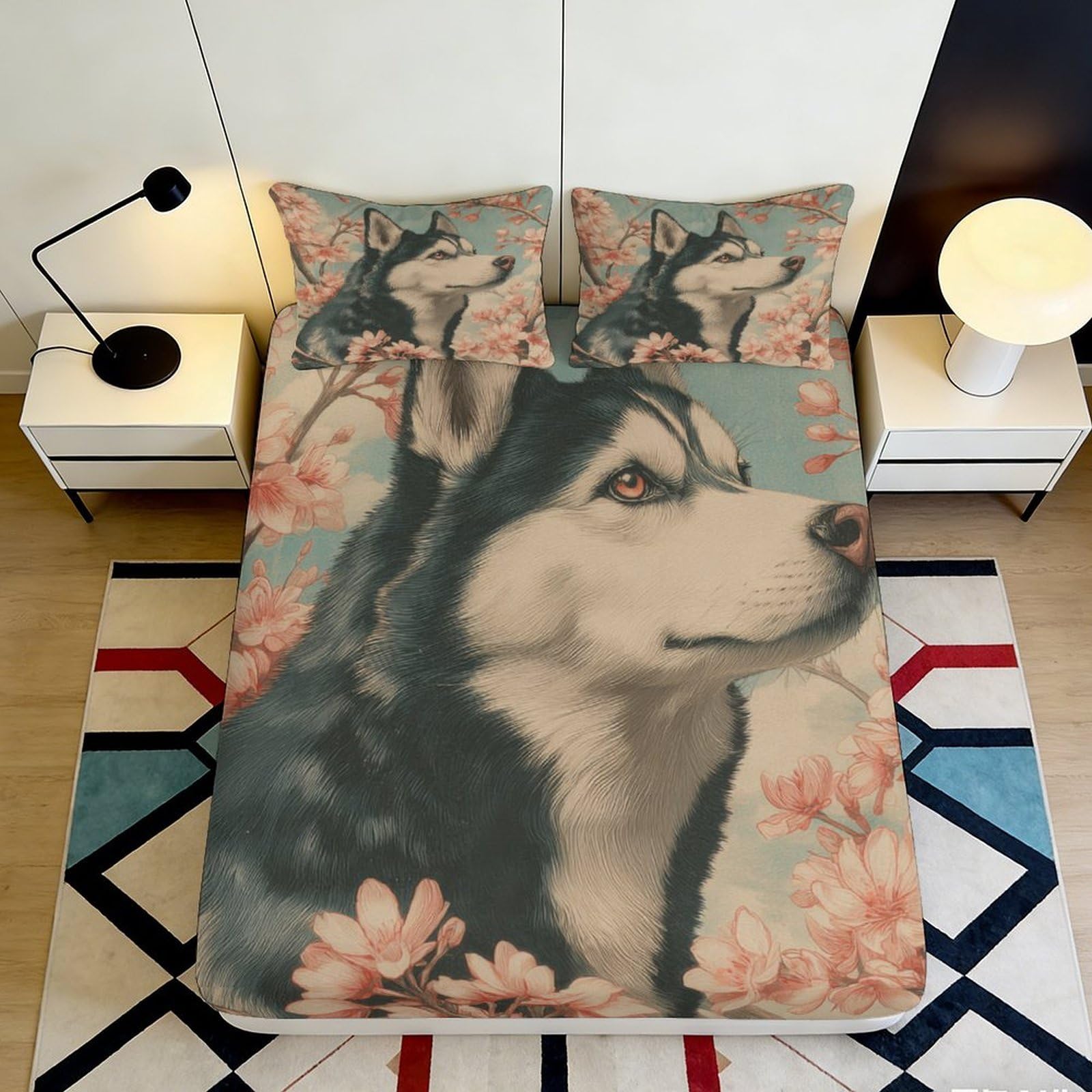 3D Printed Husky Dog Floral Fitted Sheet Microfiber Soft Breathable Wolf Blossom Mattress Cover for Bedroom Dorm Decor 180x200x25cm