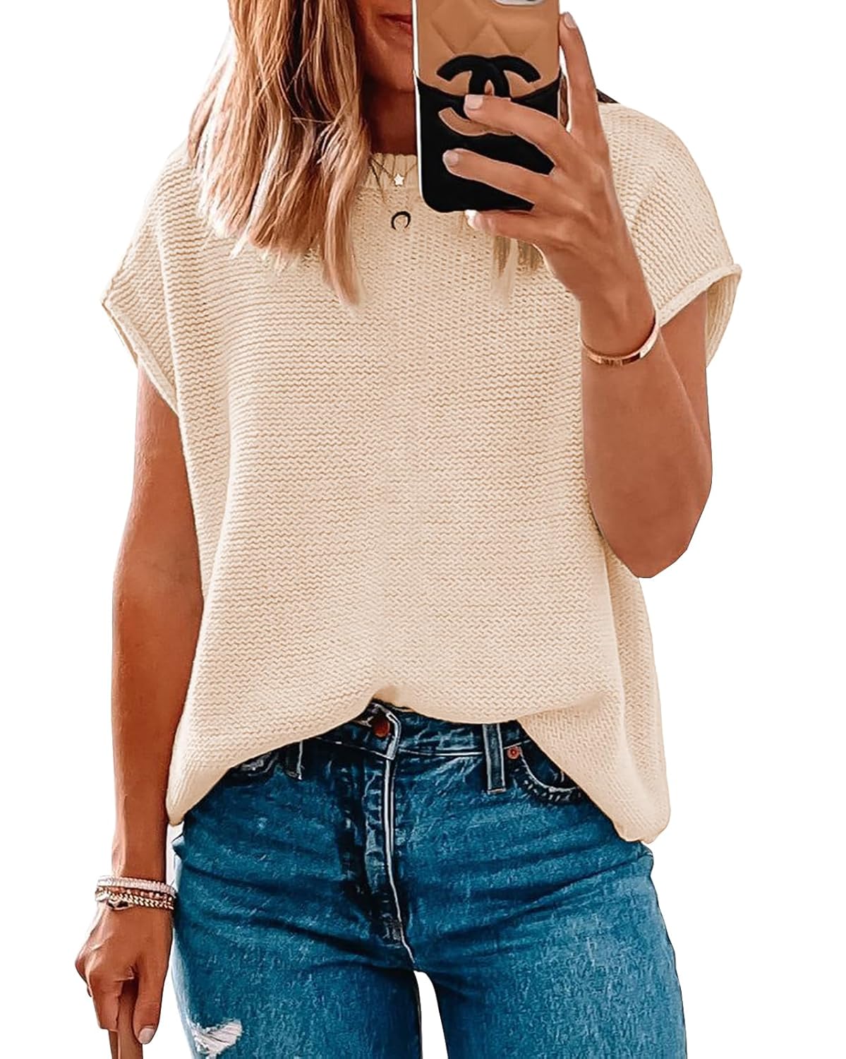 Women Short Sleeve Sweater Tops Spring 2025 Sleeveless Sweater Vest Casual Knit Cap Sleeve Sweater Tanks