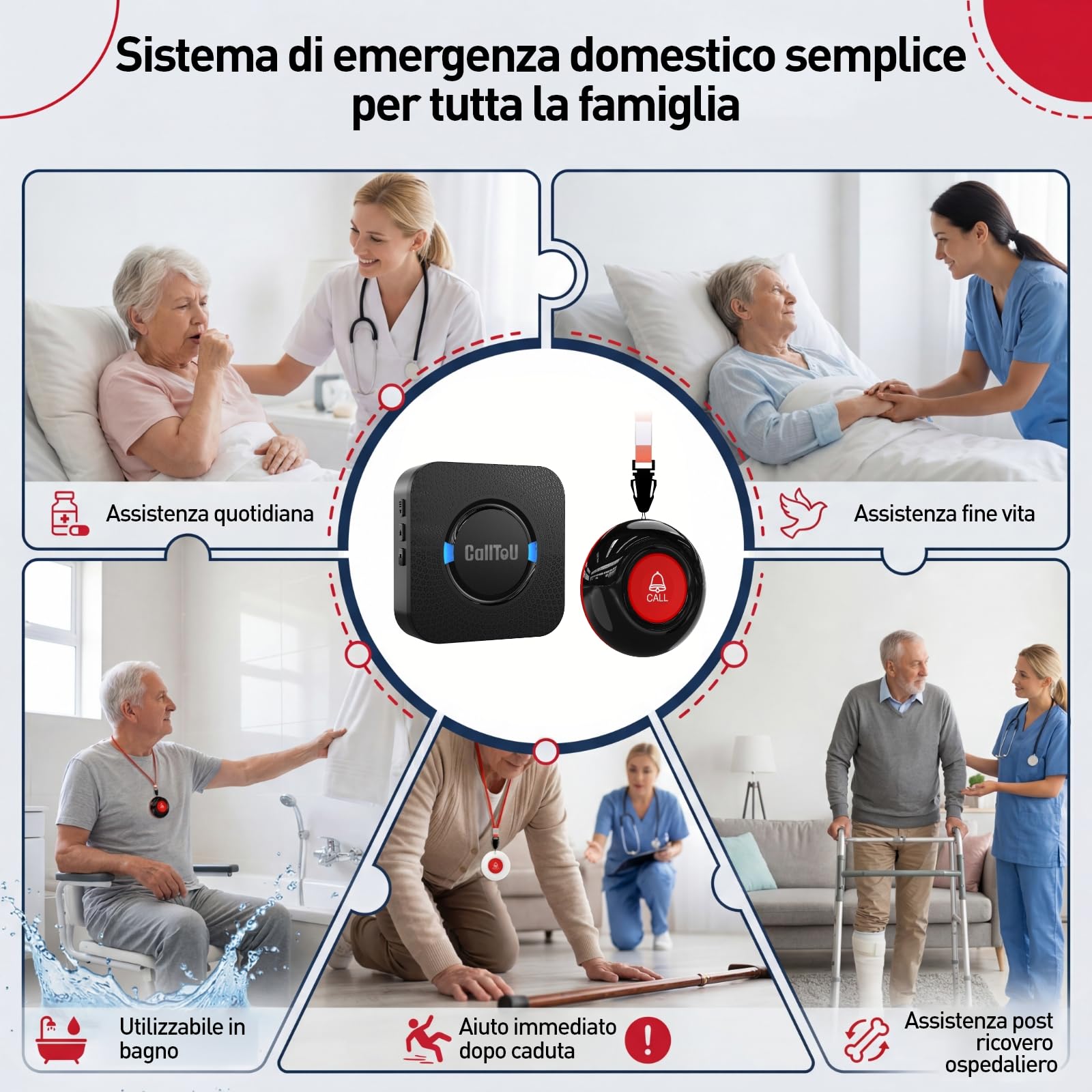 CallToU Salvavita Anziani di Emergenza Pulsante di Chiamata, Wireless SOS Anziani Pulsante Cercapersone, Oltre 500 piedi per casa/anziani/pazienti/disabili