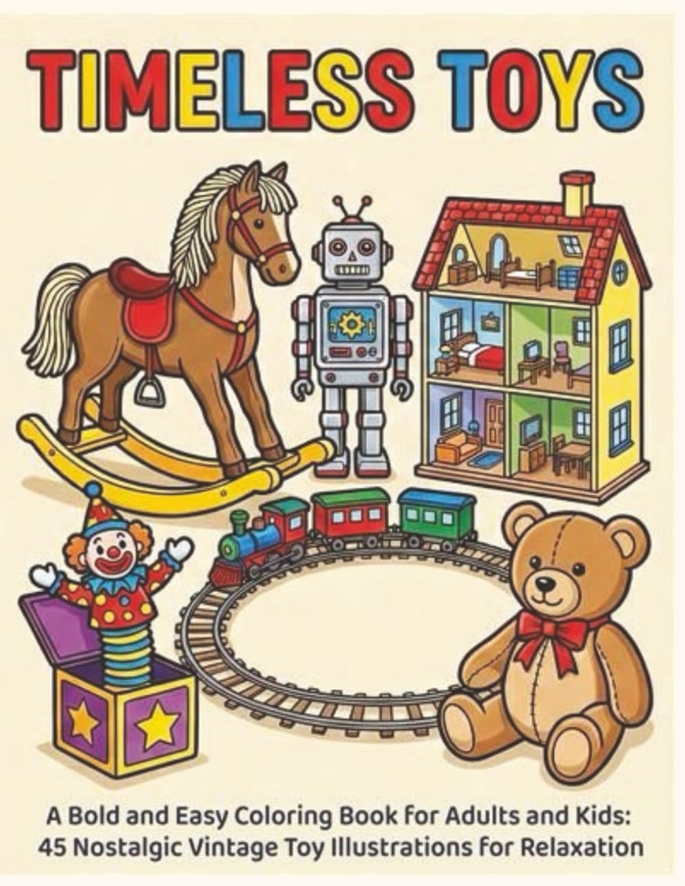 Timeless Toys: A Bold and Easy Coloring Book for Adults and Kids: 45 Nostalgic Vintage Toy Illustrations for Relaxation and Stress Relief