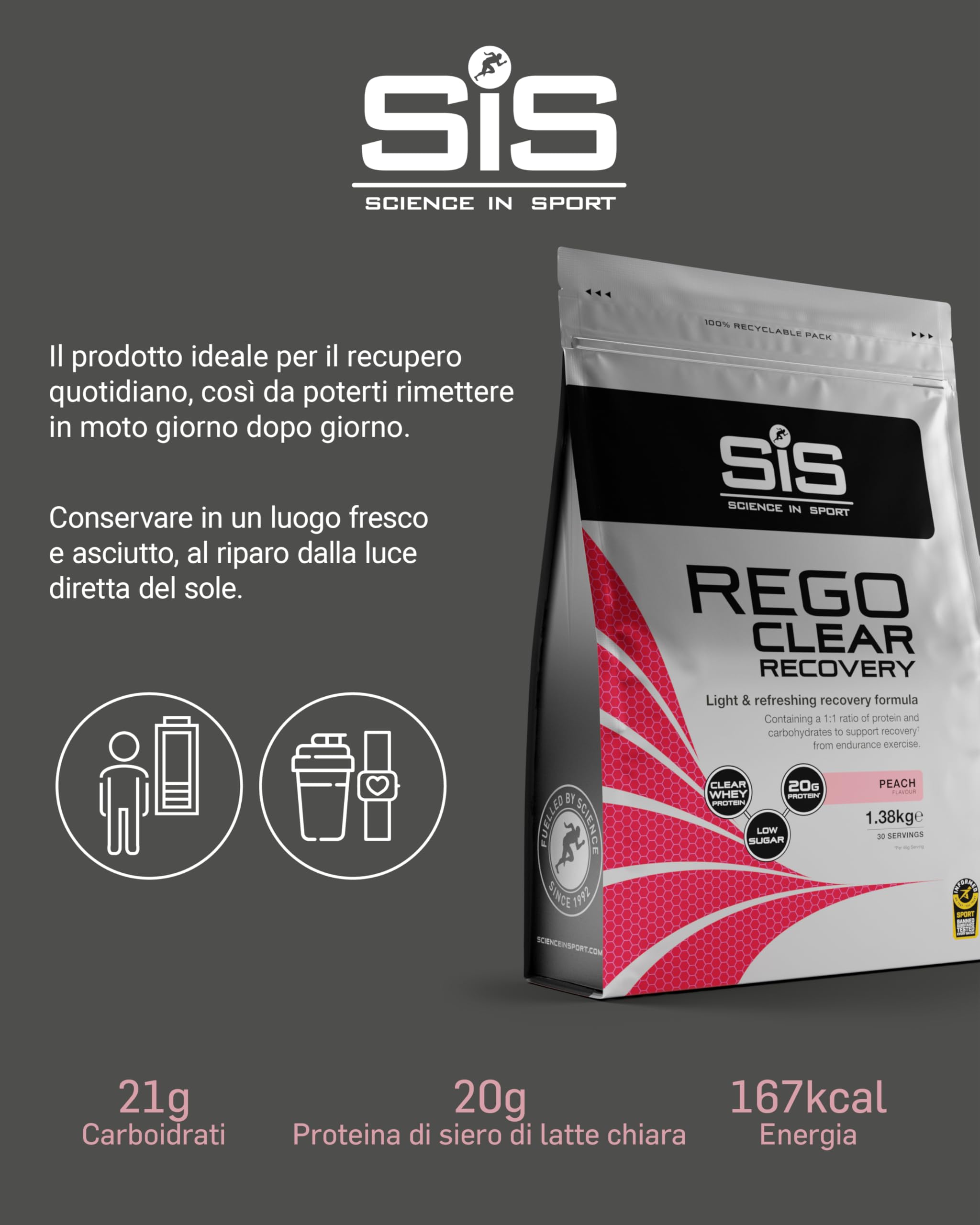 Science in Sport Rego Polvere Clear Isolate 1,38kg Pesca - Polvere per Bevande di Recupero con Carboidrati, Proteine e Vitamine, Supporta un allenamento efficace