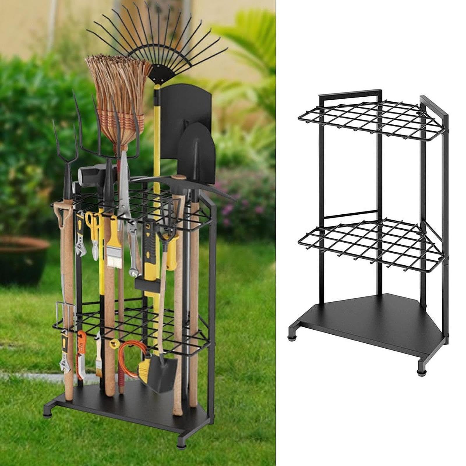 Soporte Metálico Para Herramientas De Jardín | soporte robusto, tres niveles, capacidad para herramientas largas, ideal para garaje