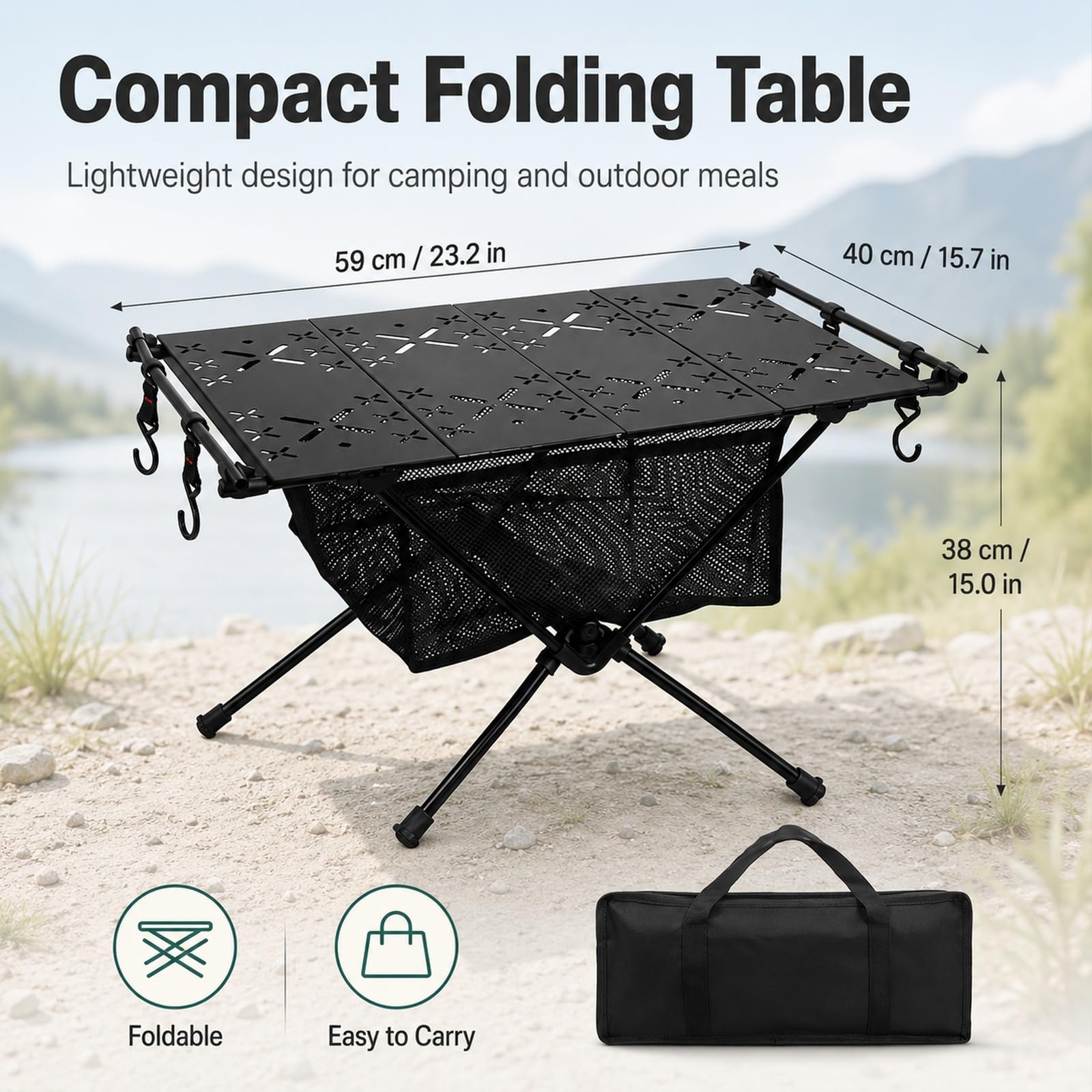 GOOGO Tavolo pieghevole da campeggio con piano in alluminio e ripiano in rete, tavolino ultraleggero per picnic, pesca e cucina all’aperto, 59 x 40 x 38 cm (nero)