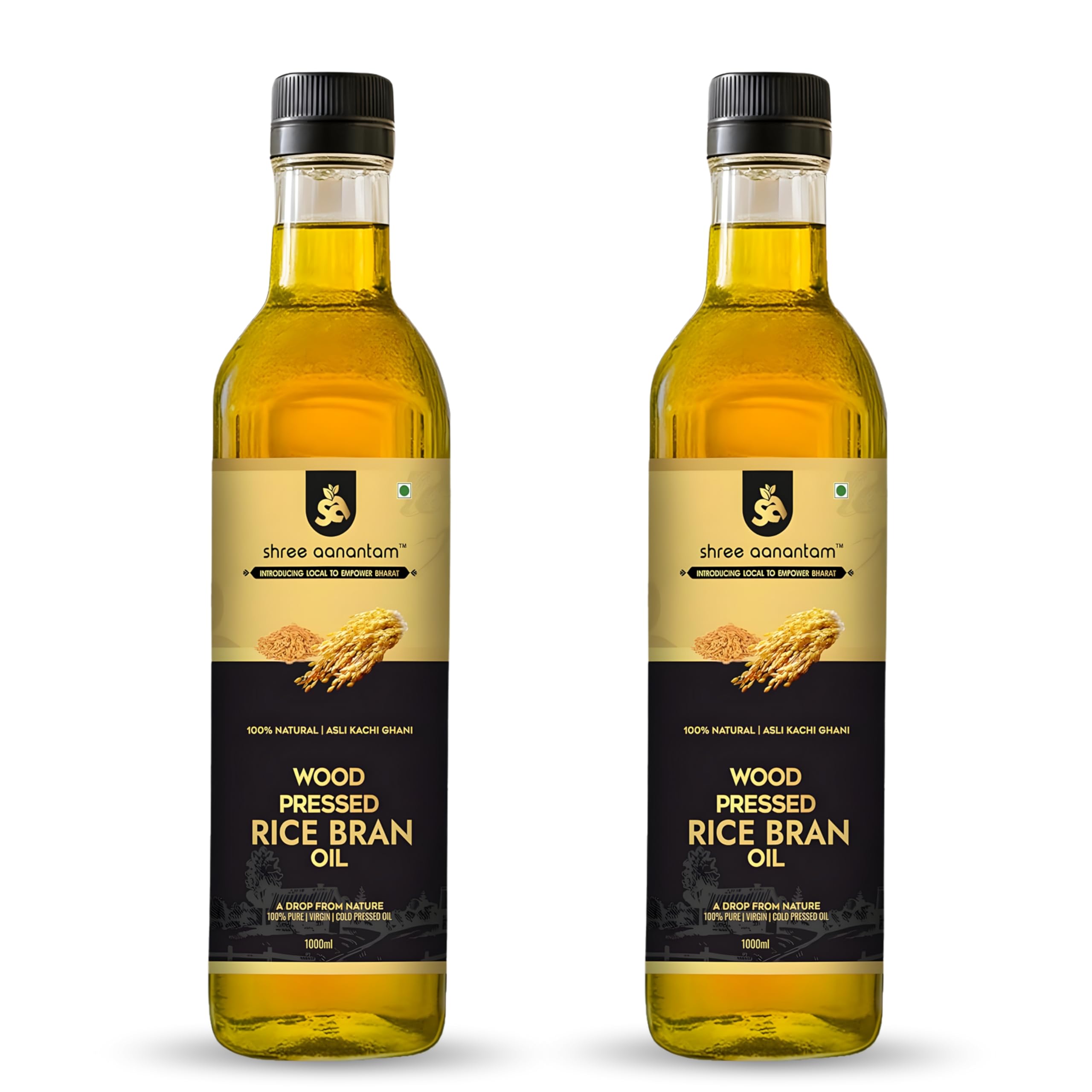 Shree Aanantam Cold Pressed Rice Bran Oil - 500ml | Bottle | Kolhu/Kacchi Ghani/Chekku | 100% Pure & Natural | Chemical-Free | Wood Pressed Rice Bran Oil for Cooking (500ml (Pack of 2))