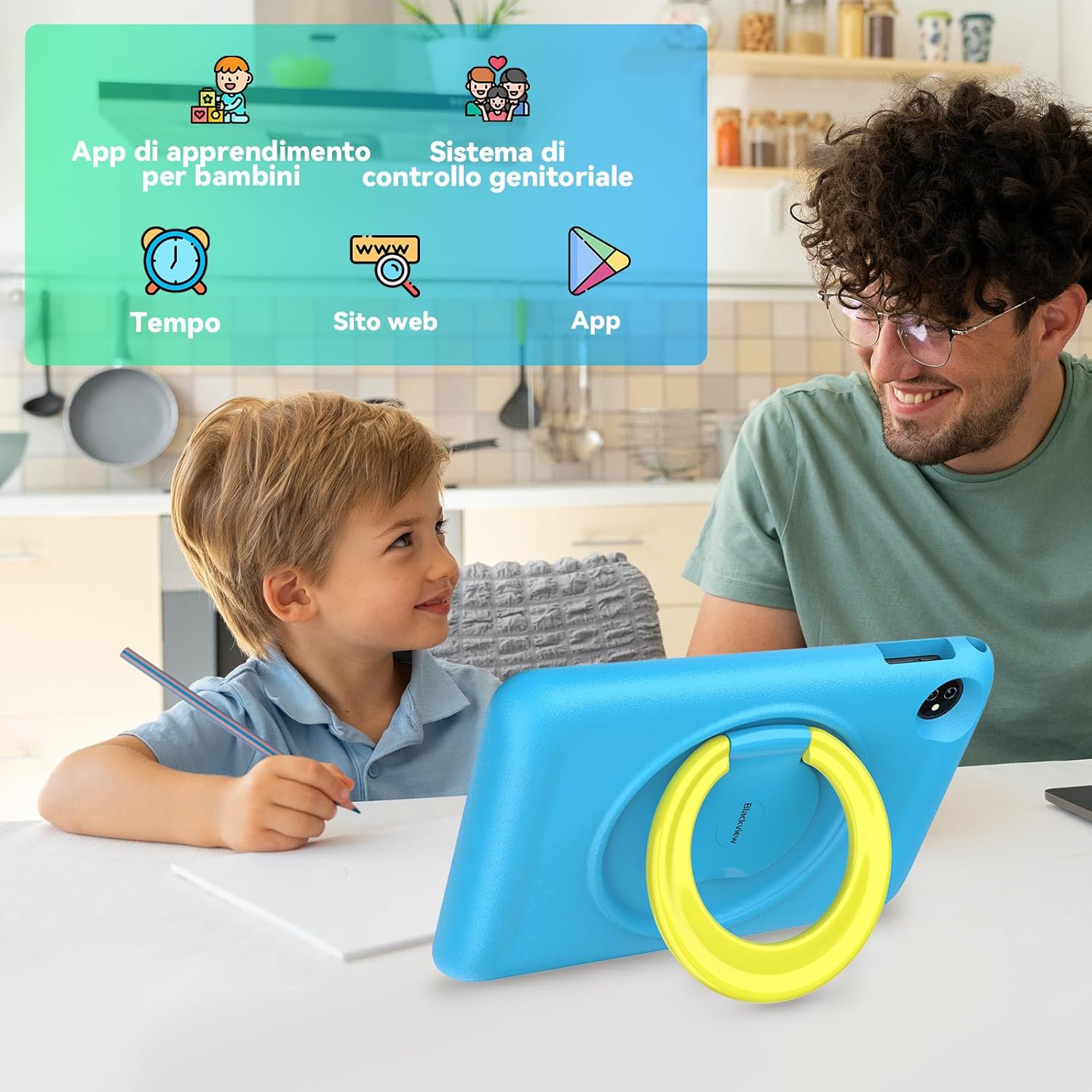 Blackview Tablet Per Bambini 10 Pollici WIFI 6, Tab 8 Kids Android 12 Tablet 7GB+128GB/TF 1TB, 13+8MP, 6580mAh, Tablet Bambino Educativi, Controllo Genitori/IKids/Custodia EVA/2Anni Garanzia-Blu