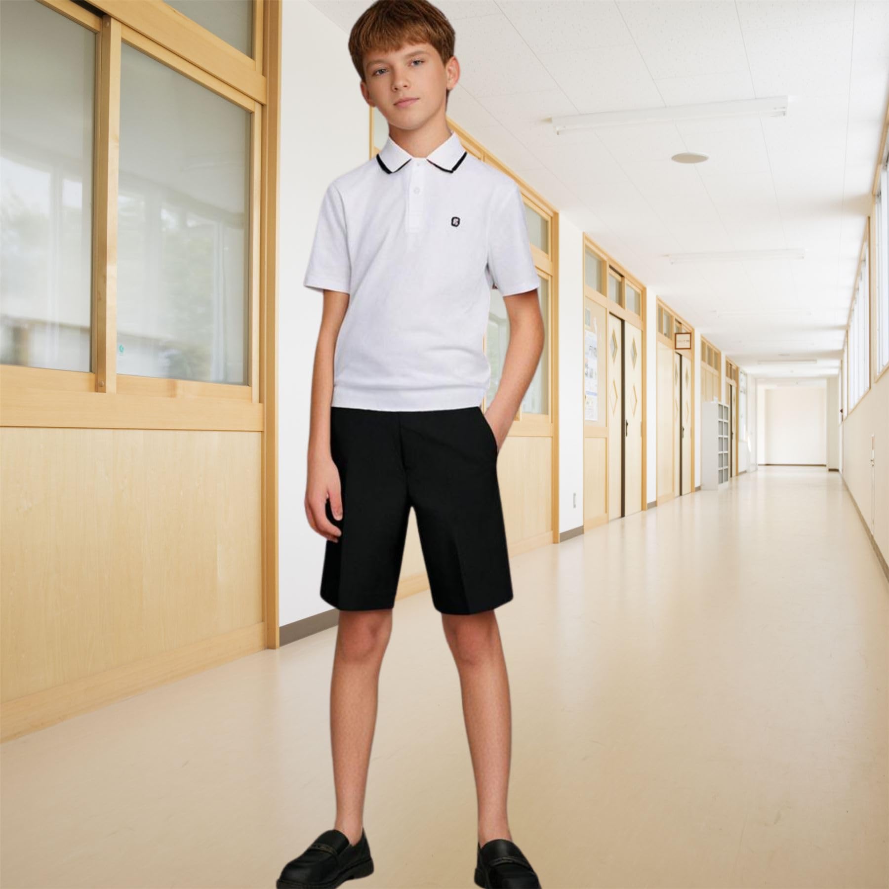 Pantalones cortos de uniforme escolar para niños, paquete de 3 unidades, longitud hasta la rodilla, parte trasera elástica, con revestimiento de teflón, pantalones cortos con bolsillos, de
