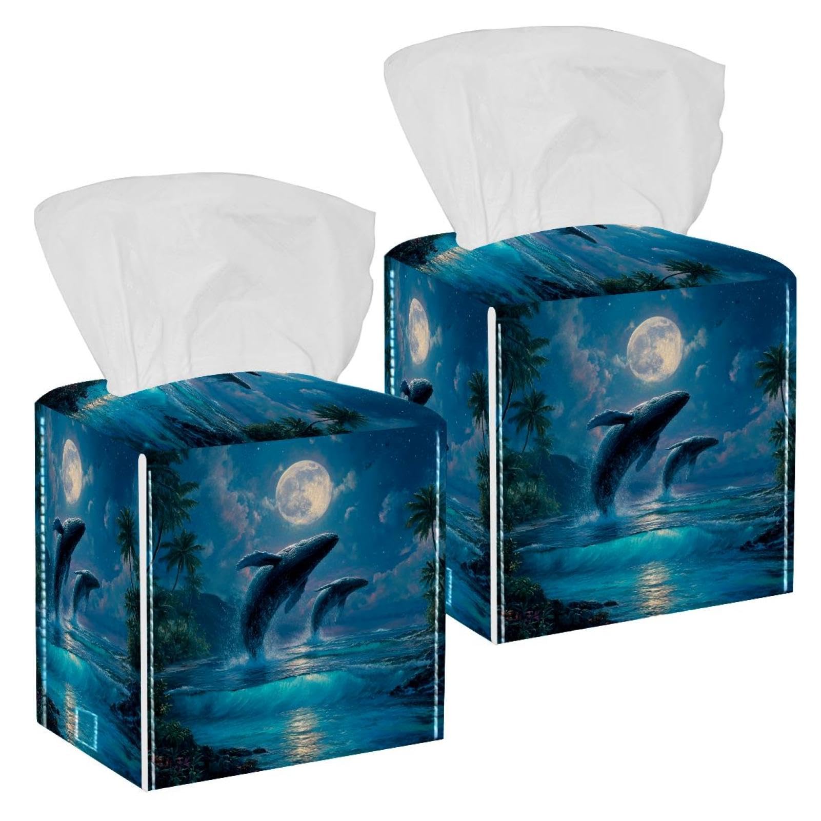 Whale Tissue Box Cover, 2 Pack PU Leather Square Facial Tissue Dispenser Box holder for Home Office Car