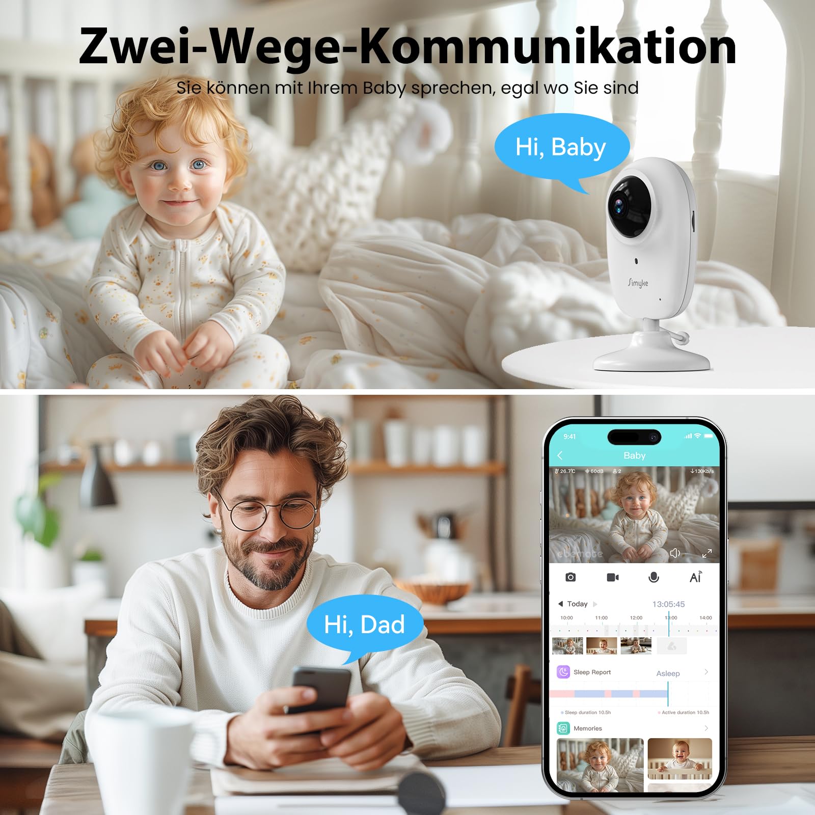 Generisch Simyke Babyphone, Dual-Modus Baby Monitor mit 1080p App & 2,8 Zoll Display, KI-Klang- und Bewegungserkennung, 10 Std. Streaming, 457 m Reichweite, Nachtsicht, Zwei-Wege-Kommunikation
